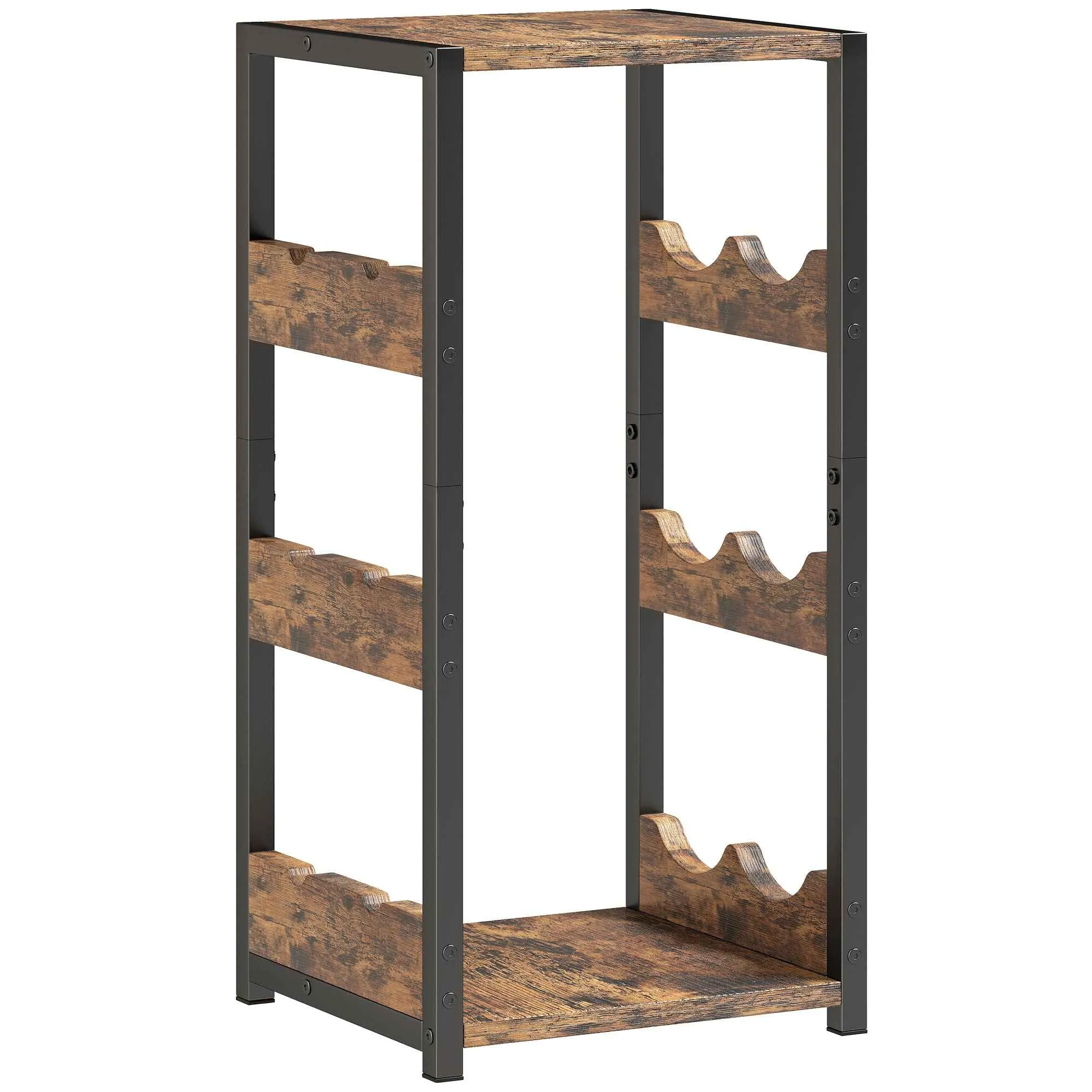 HOMCOM Wine Rack, Wavy Shelves, Adjustable Feet, Rustic Brown, Black.