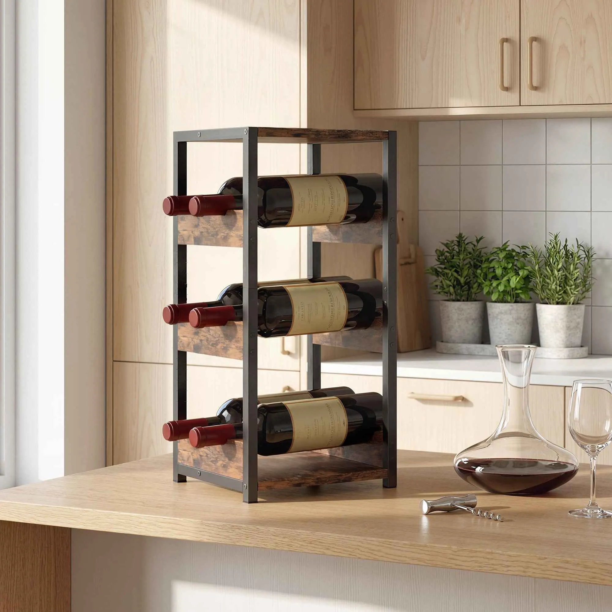 HOMCOM Wine Rack, Wavy Shelves, Adjustable Feet, Rustic Brown, Black. - Image 2