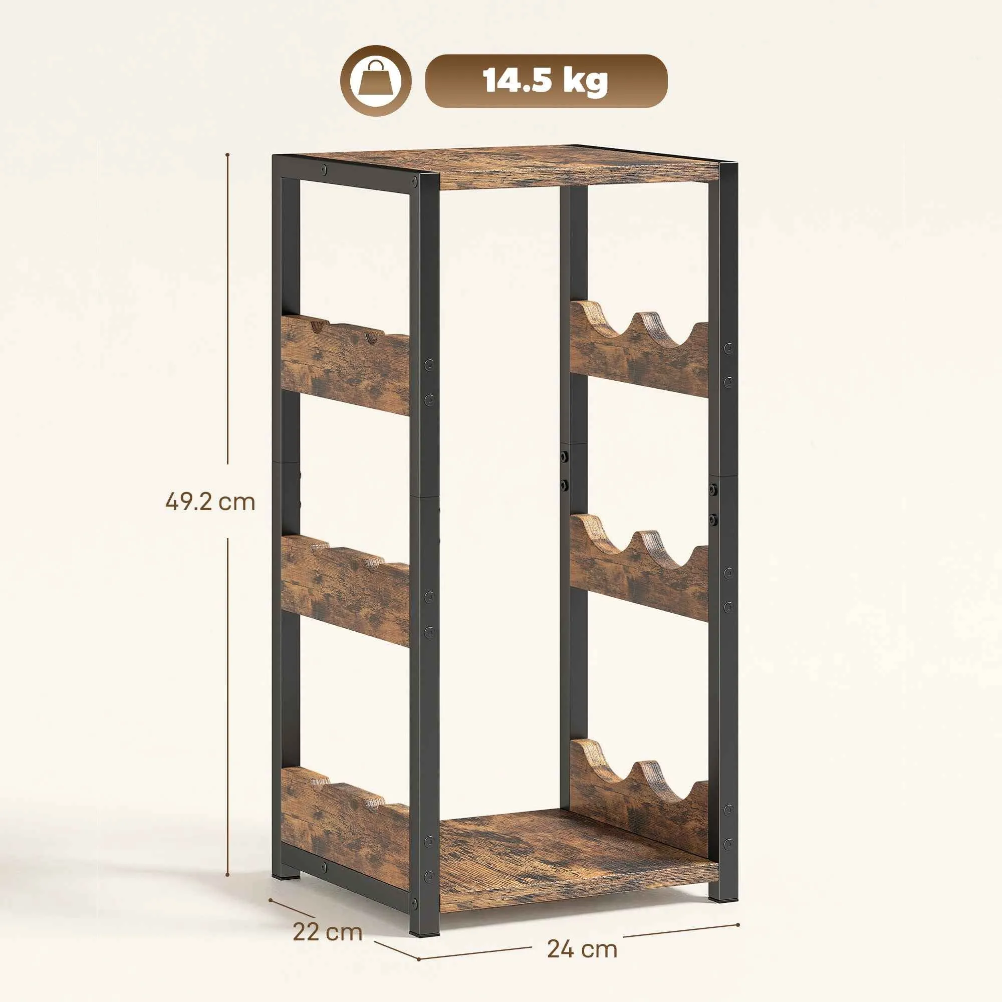 HOMCOM Wine Rack, Wavy Shelves, Adjustable Feet, Rustic Brown, Black. - Image 3