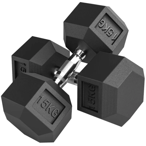 HOMCOM 2-Piece 15kg Hexagonal Fitness Dumbbell Set with Non-Slip Grip, Steel and Rubber, Ø15.5 x 33.6 cm, Black