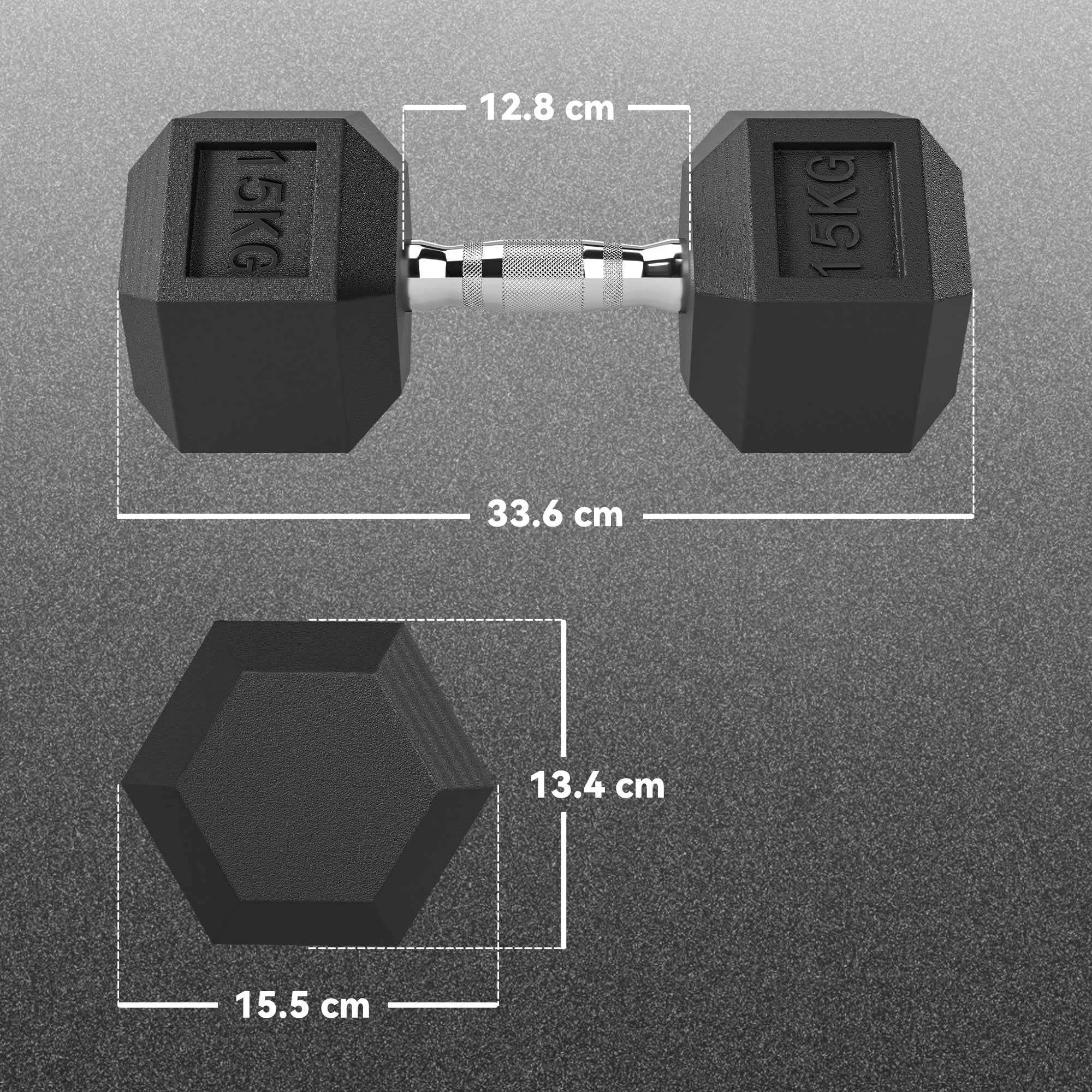 HOMCOM 2-Piece 15kg Hexagonal Fitness Dumbbell Set with Non-Slip Grip, Steel and Rubber, Ø15.5 x 33.6 cm, Black - Image 3