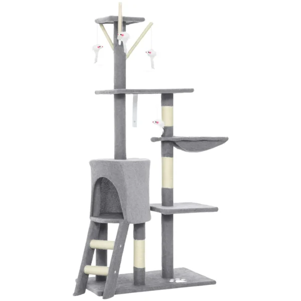 PawHut Cat Tower with House, Perch, Platforms and 4 Mice, Made of Wood, Plush and Sisal, 60x35x134 cm, Grey
