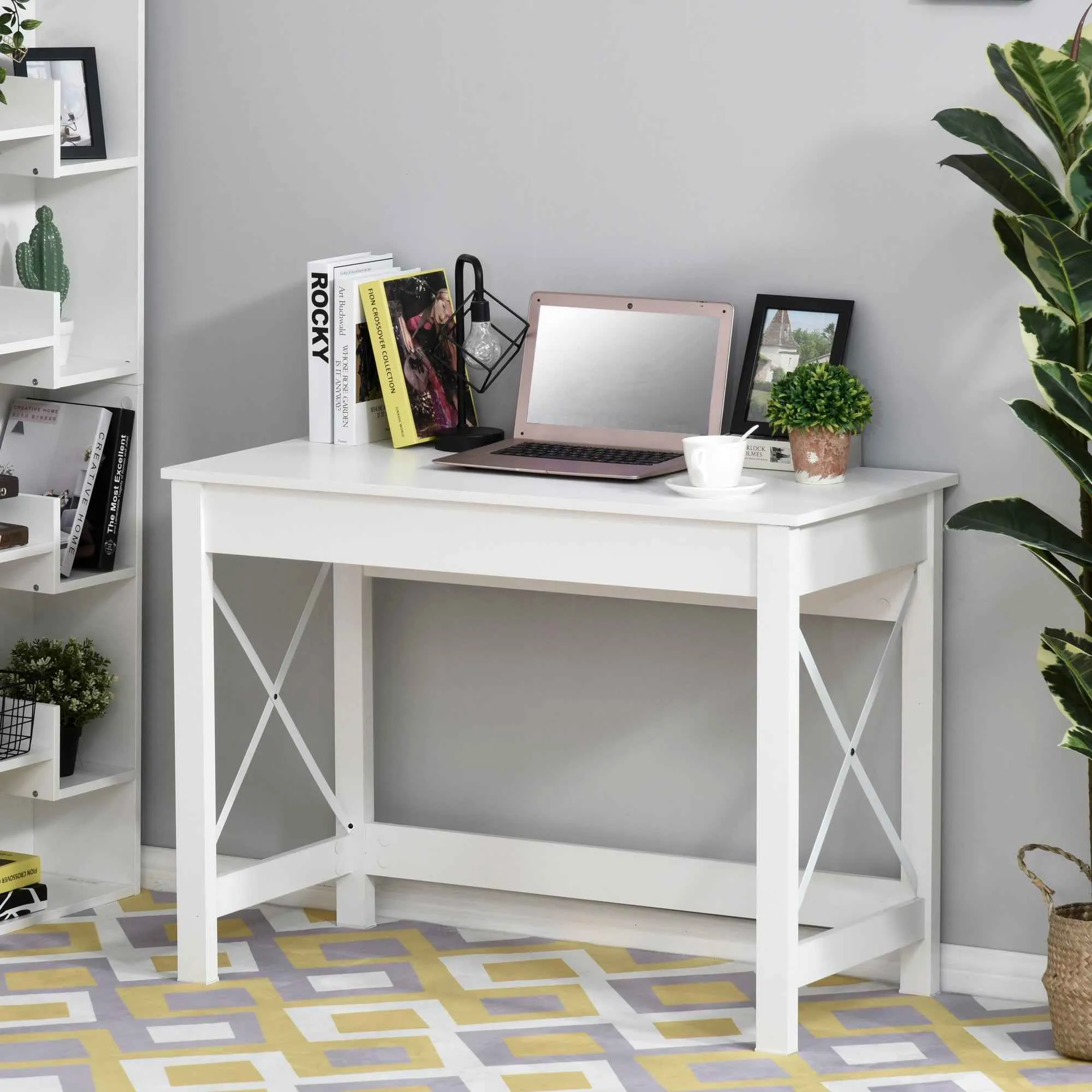 HOMCOM Modern and Minimalist PC Desk in Wood and Steel, 105x50x76 cm, White - Image 2