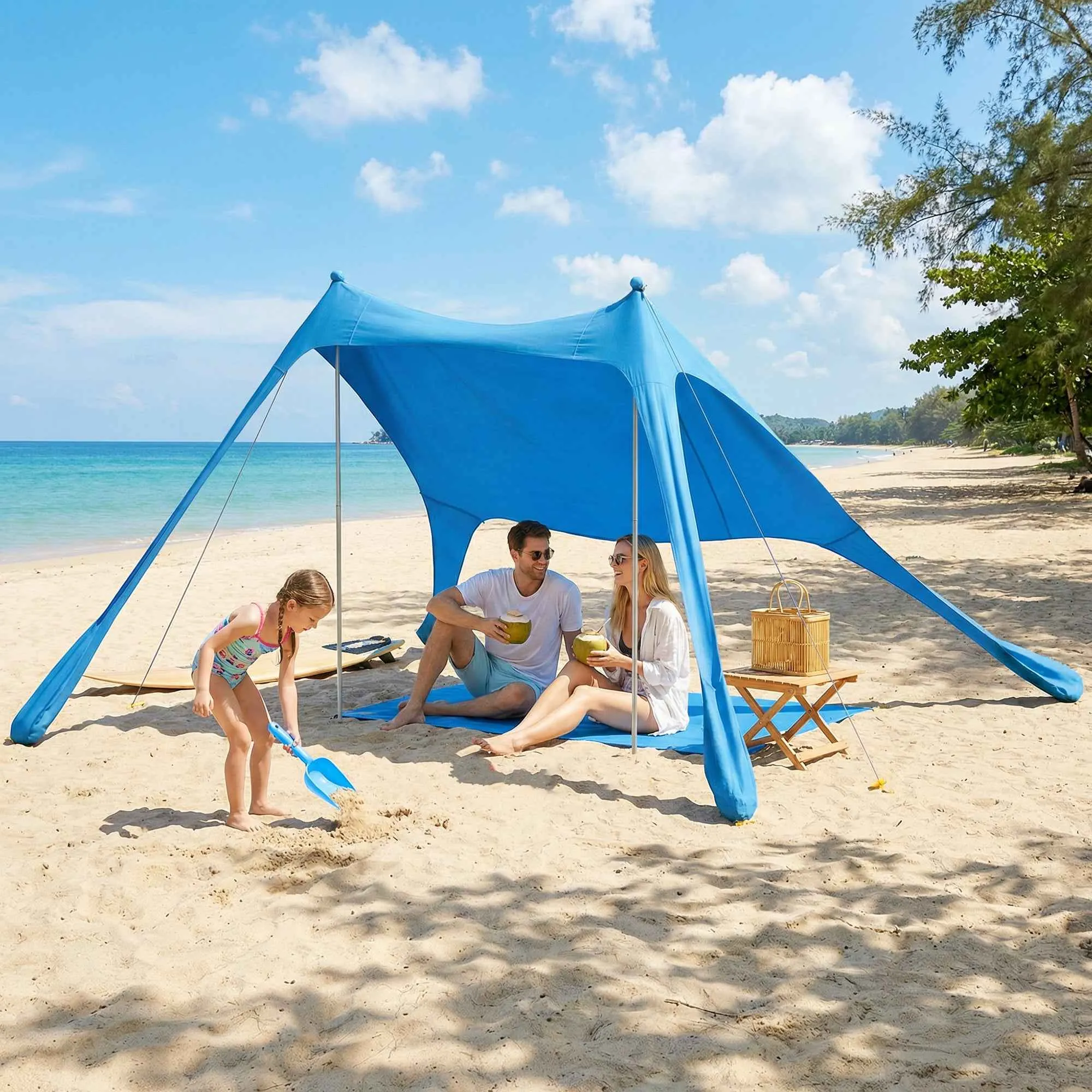 Outsunny Beach Tent 2-4 Person, Mat, Shovel, UPF50+ Sun Protection, Blue - Image 2