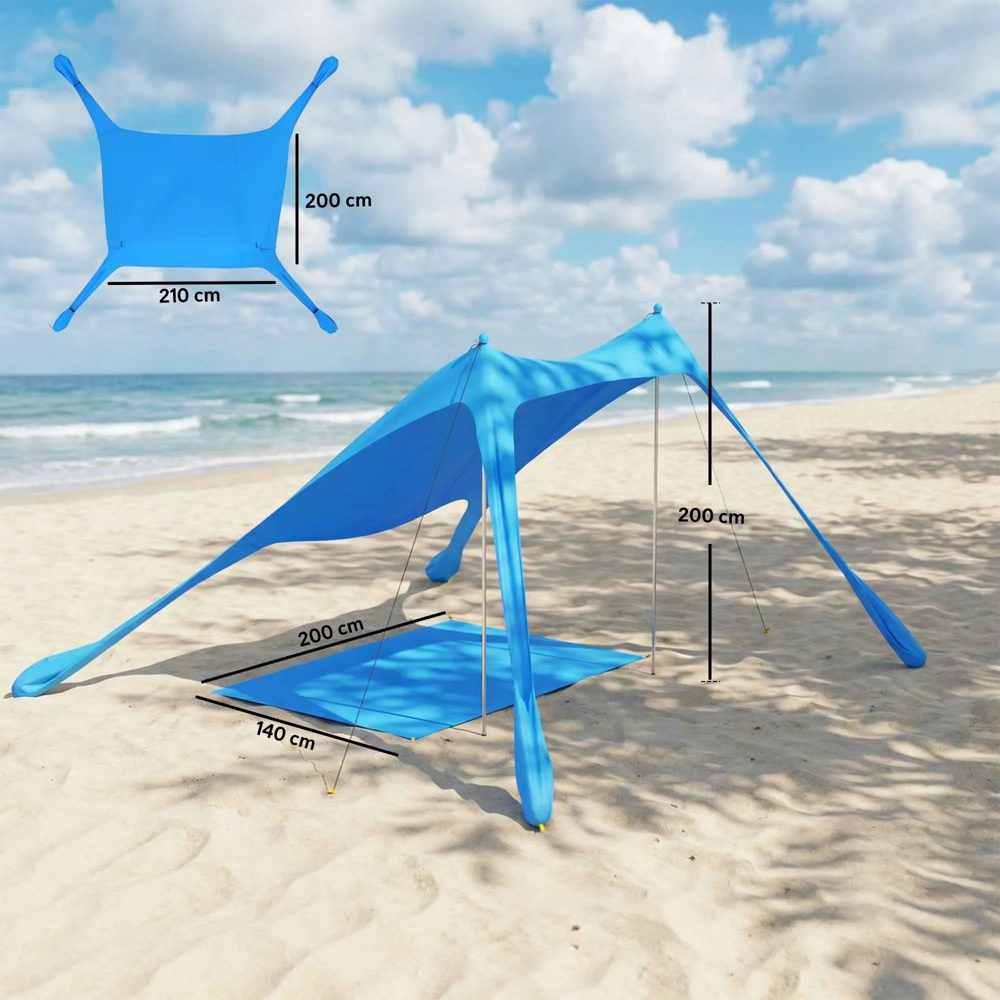 Outsunny Beach Tent 2-4 Person, Mat, Shovel, UPF50+ Sun Protection, Blue - Image 3