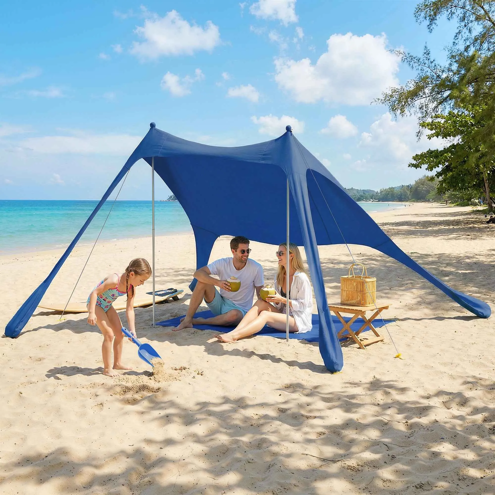 Outsunny UV 50+ Beach Tent for 2-4 People with Mat and Shovel, in Lycra and Aluminum, 200x208x200 cm, Blue - Image 2