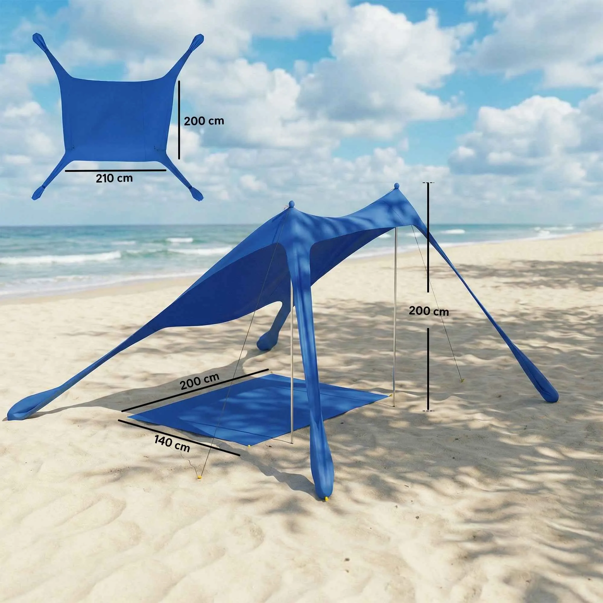 Outsunny UV 50+ Beach Tent for 2-4 People with Mat and Shovel, in Lycra and Aluminum, 200x208x200 cm, Blue - Image 3