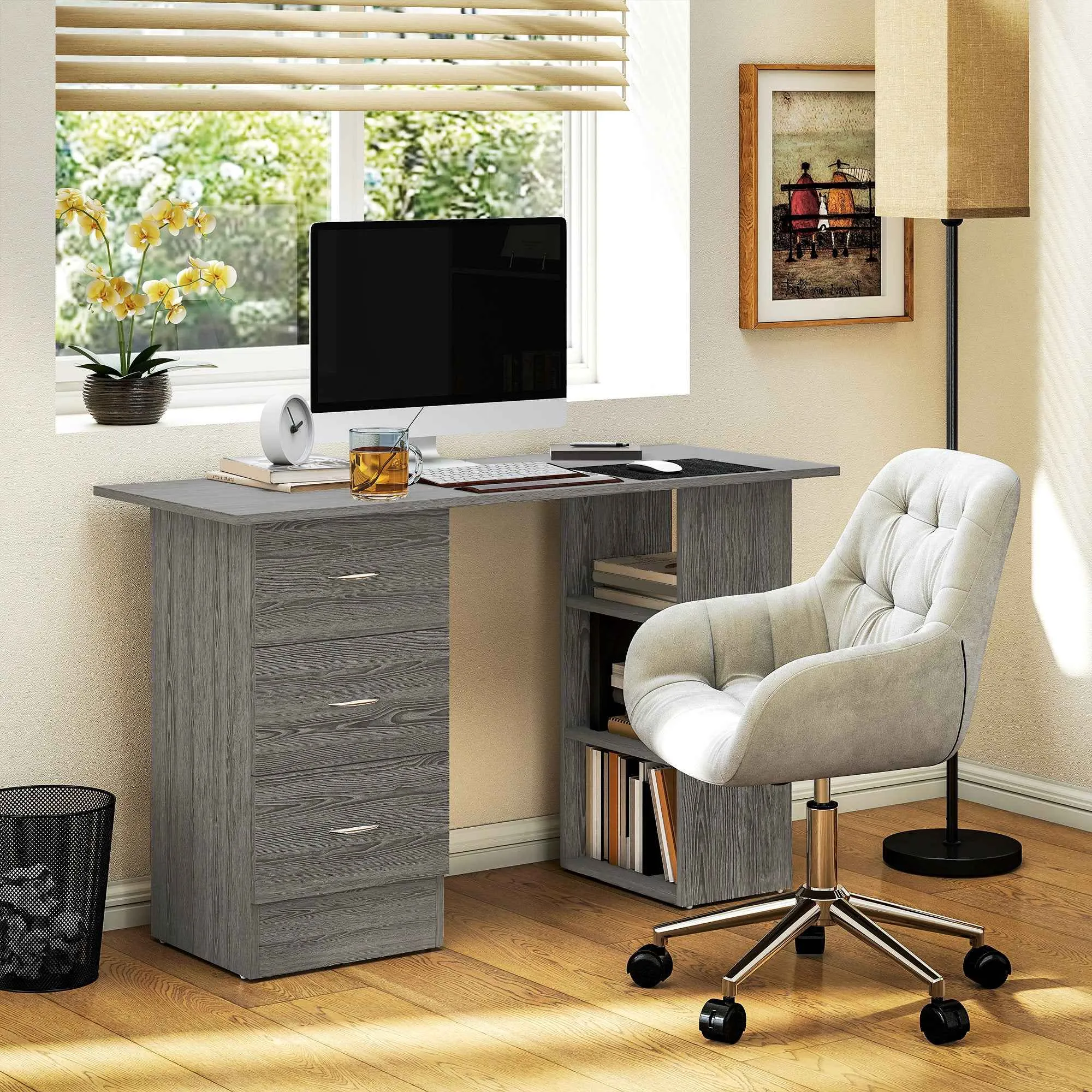 HOMCOM Modern Desk with 3 Drawers and 3 Shelves for Bedroom and Office, Wooden, 120x49x72 cm, Grey - Image 2