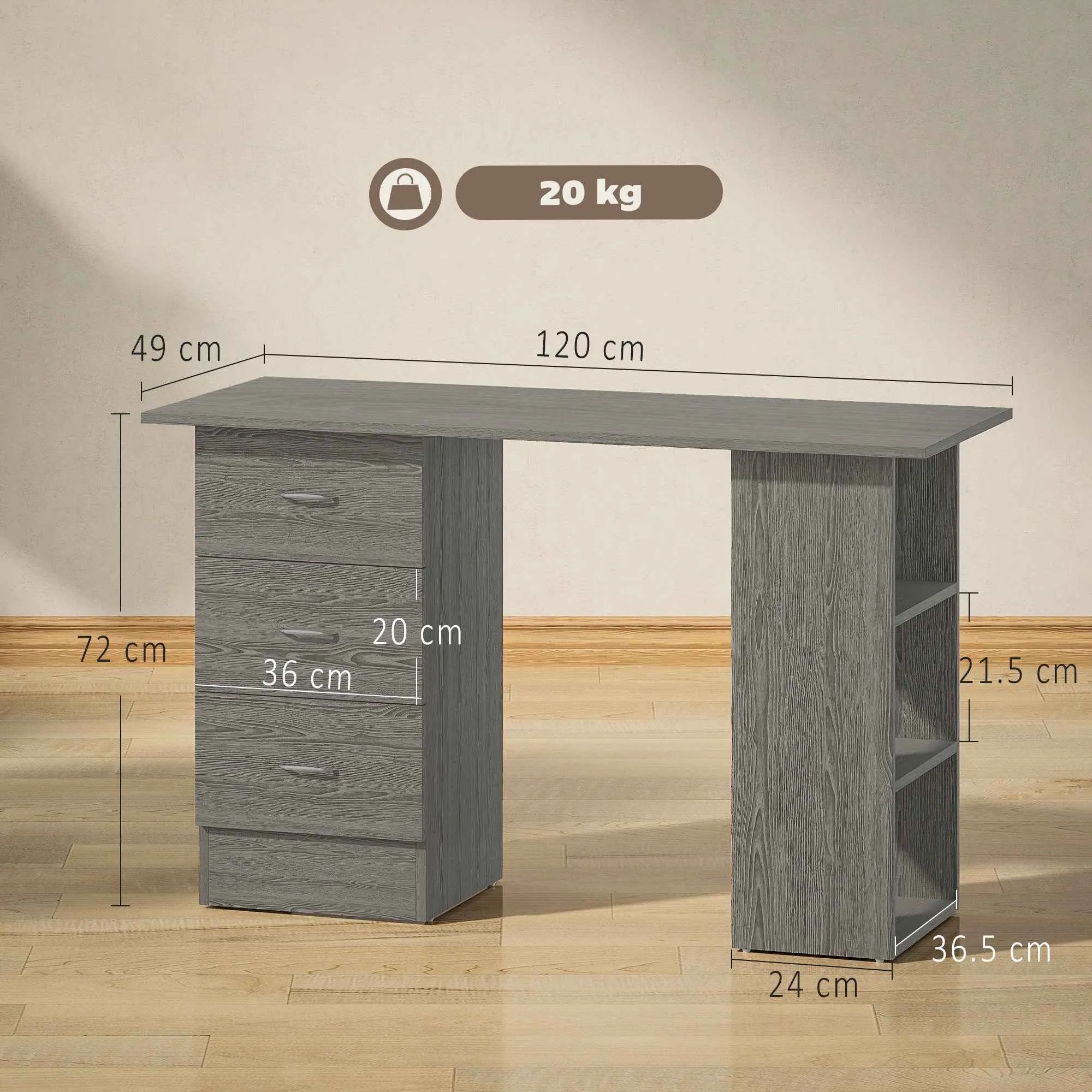 HOMCOM Modern Desk with 3 Drawers and 3 Shelves for Bedroom and Office, Wooden, 120x49x72 cm, Grey - Image 3