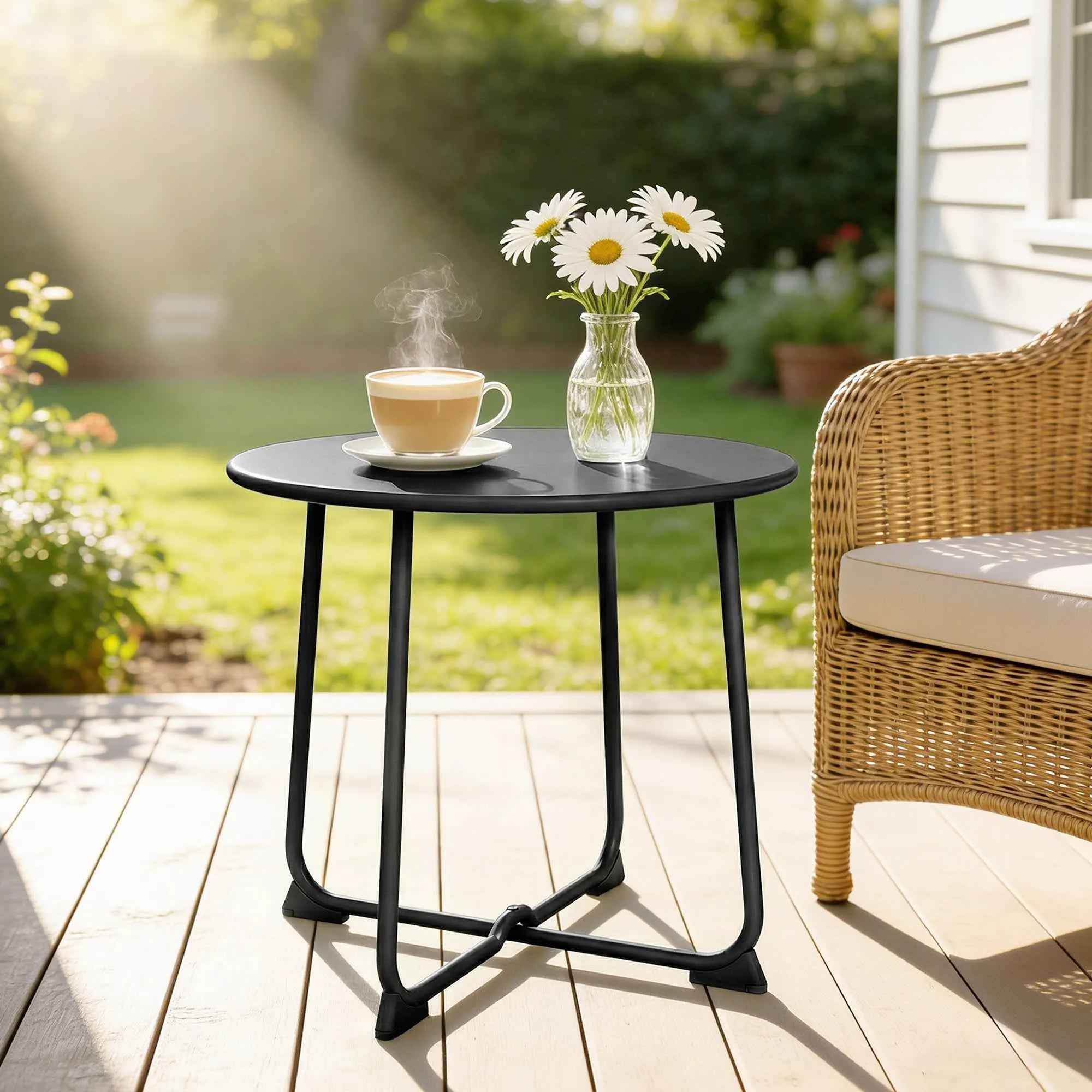 Outsunny 50cm Round Outdoor Metal Coffee Table with X-Base and Non-Slip Feet, Black - Image 2