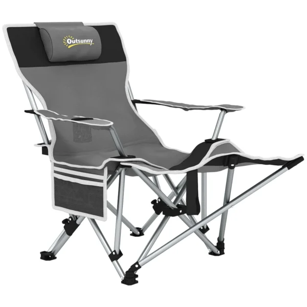 Outsunny Folding Camping Chair with Detachable Footrest, Cup Holder and Side Pocket, 82x100x88 cm, Black