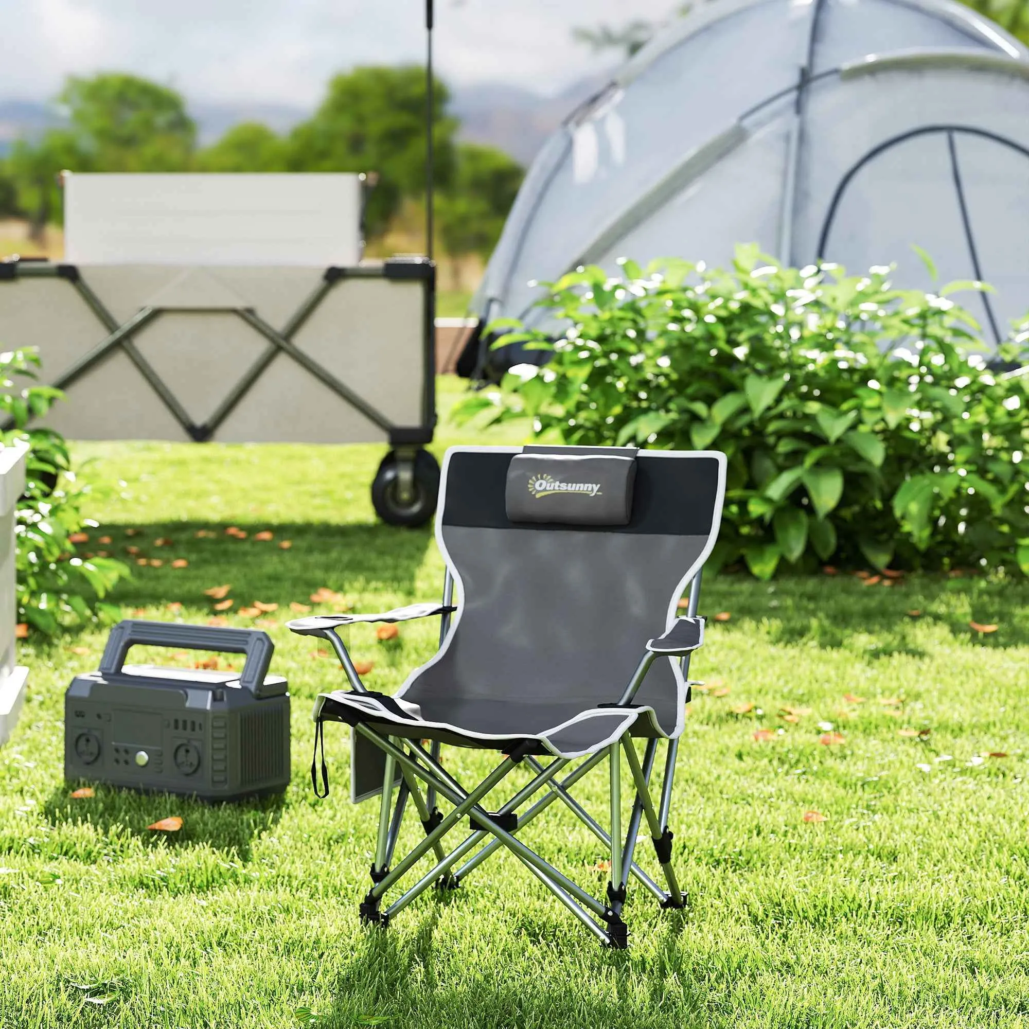 Outsunny Folding Camping Chair with Detachable Footrest, Cup Holder and Side Pocket, 82x100x88 cm, Black - Image 2