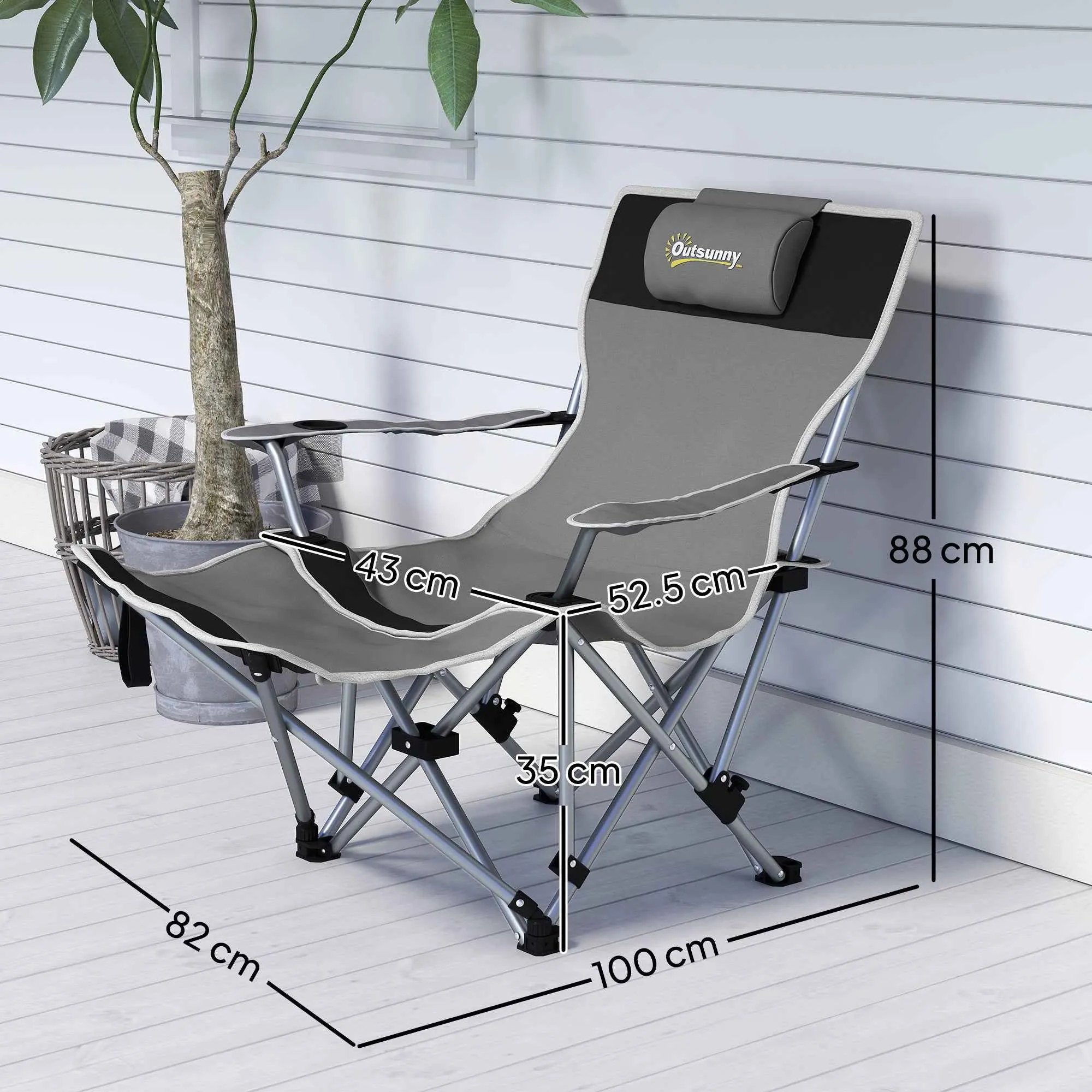 Outsunny Folding Camping Chair with Detachable Footrest, Cup Holder and Side Pocket, 82x100x88 cm, Black - Image 3