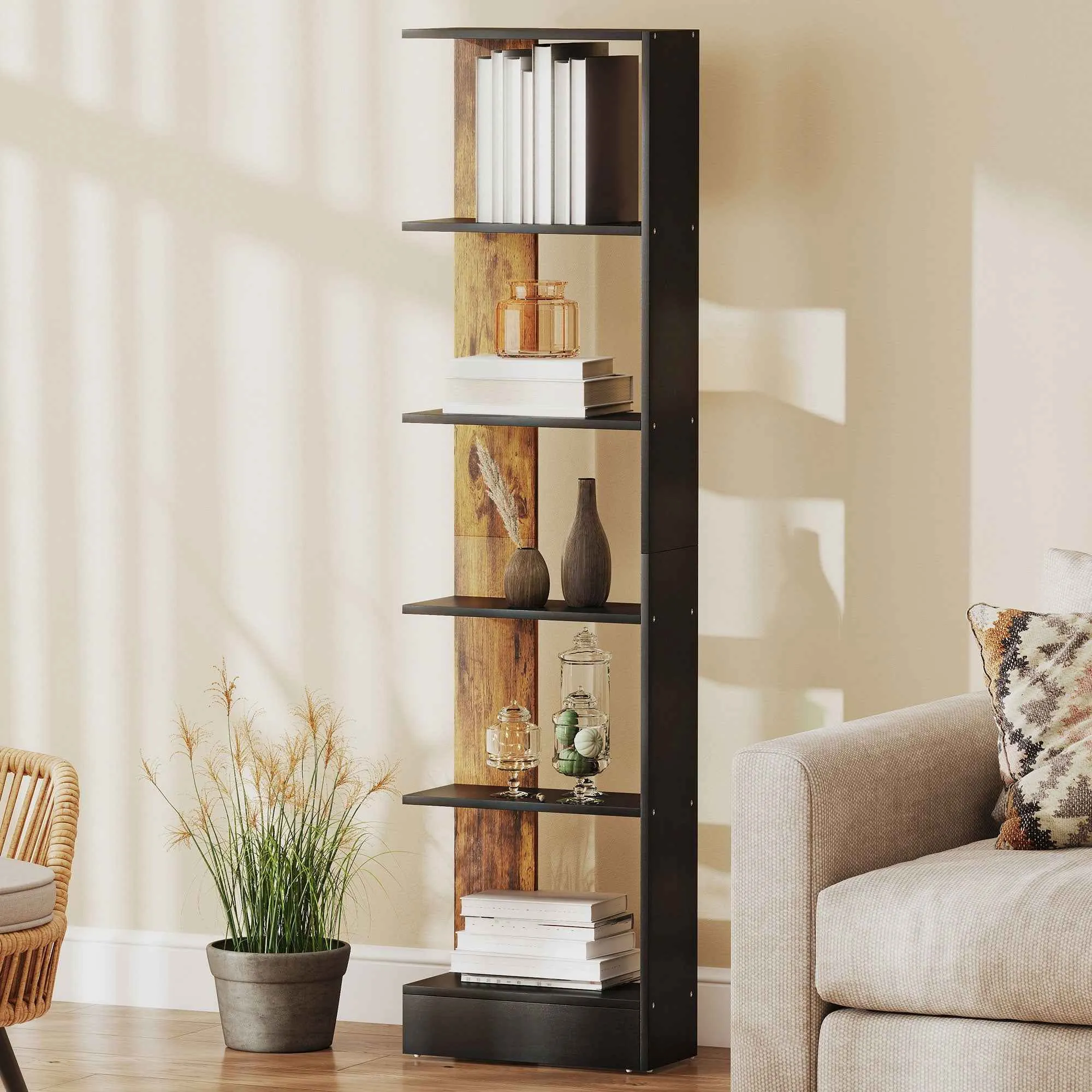 HOMCOM Modern Space-Saving 5-Tier Wooden Bookcase, 45 x 21 x 170 cm, Brown and Black - Image 2