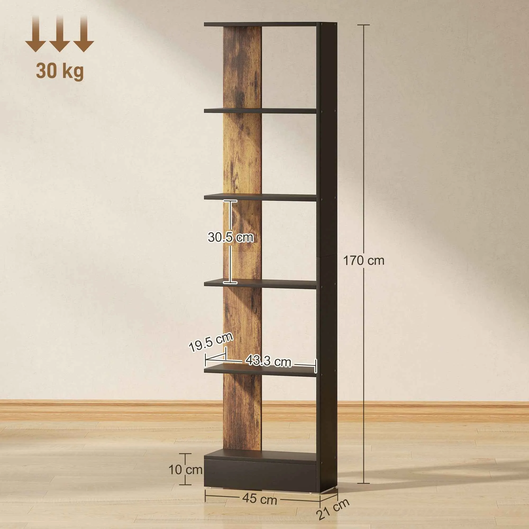 HOMCOM Modern Space-Saving 5-Tier Wooden Bookcase, 45 x 21 x 170 cm, Brown and Black - Image 3