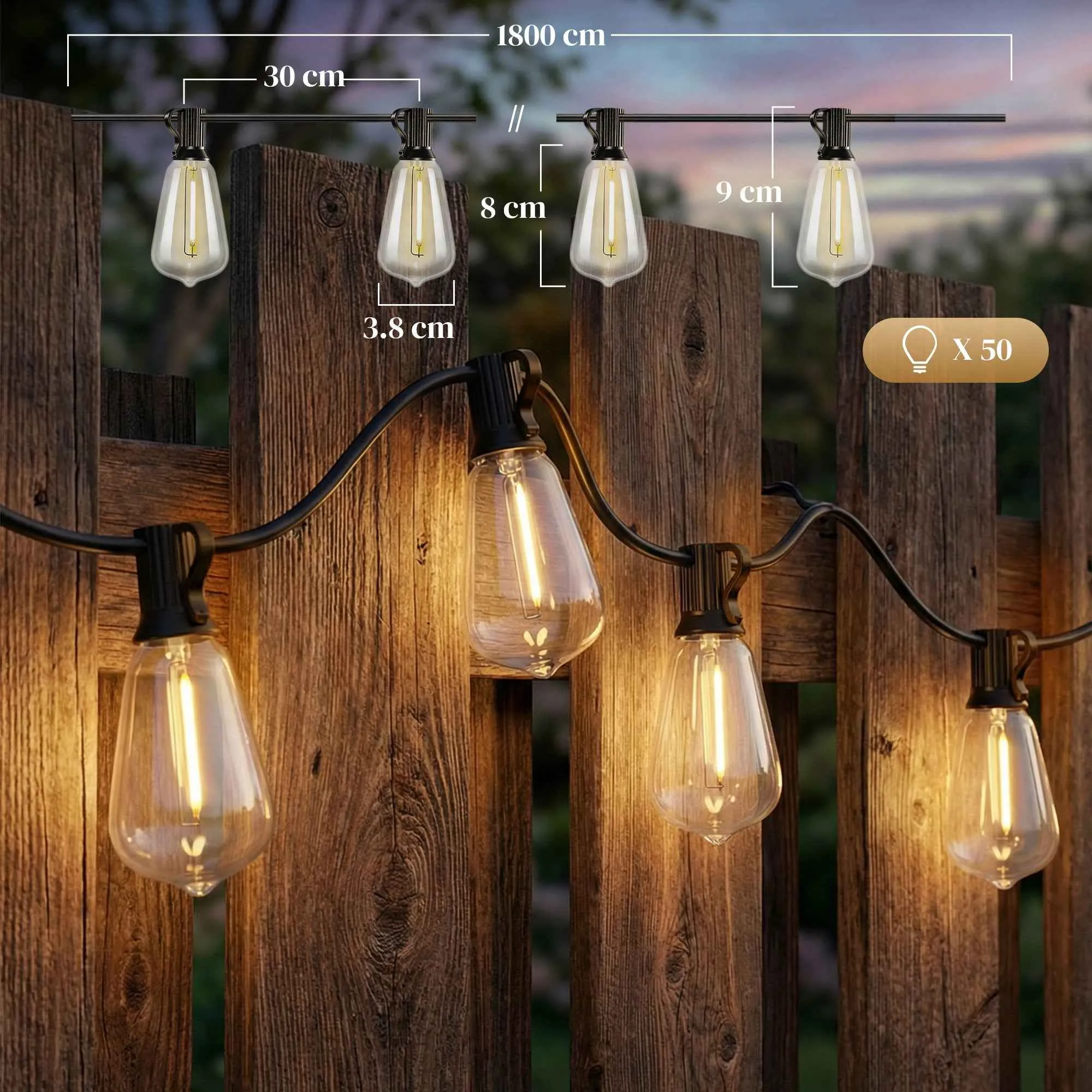 HOMCOM Outdoor String Lights with 50 LED Lights IP44, in PET and Plastic, 1800x3.8x9 cm, Black and Transparent - Image 3