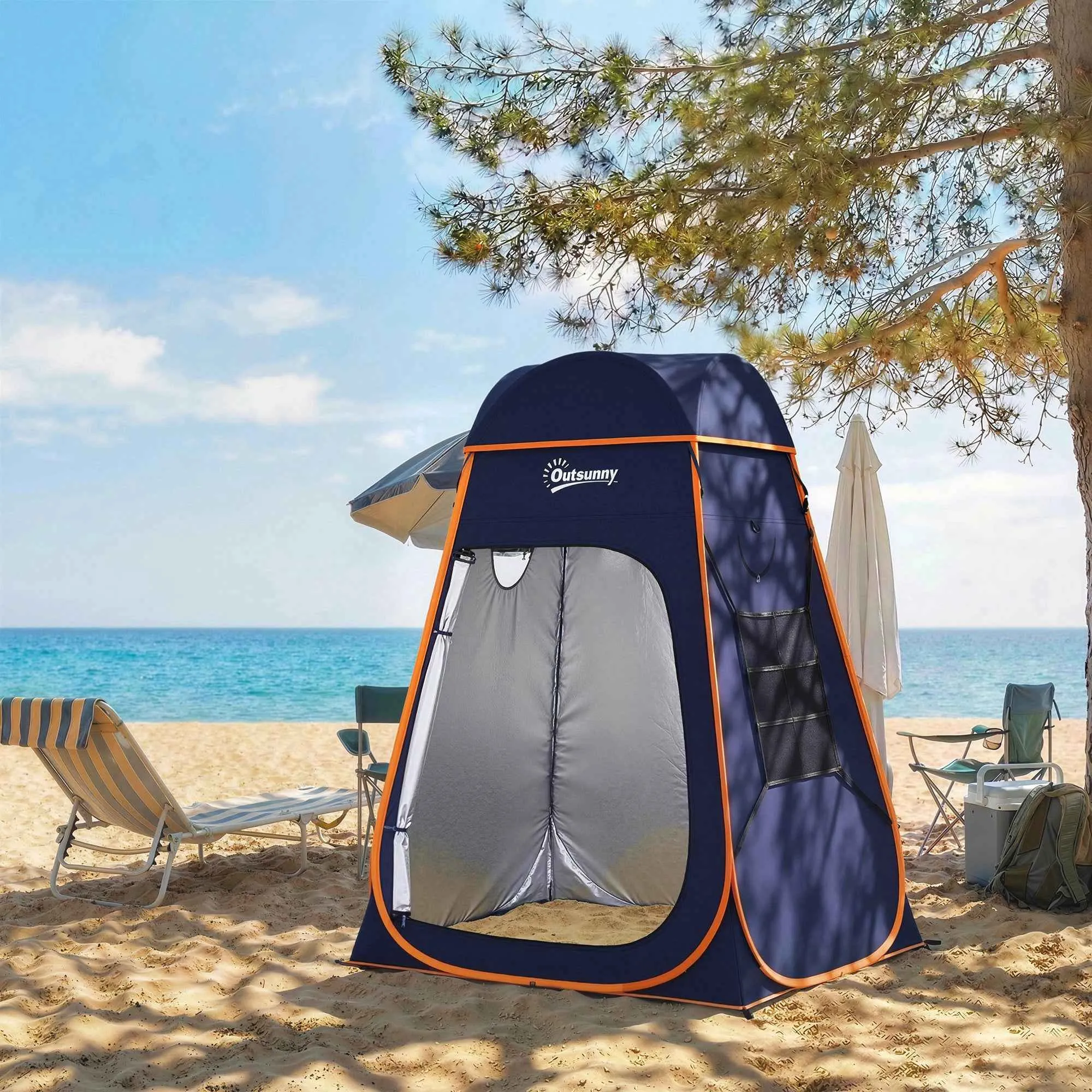 Outsunny Waterproof Pop-Up Shower Tent with Removable Roof, 190T Polyester and Steel, 152x152x200 cm, Dark Blue - Image 2