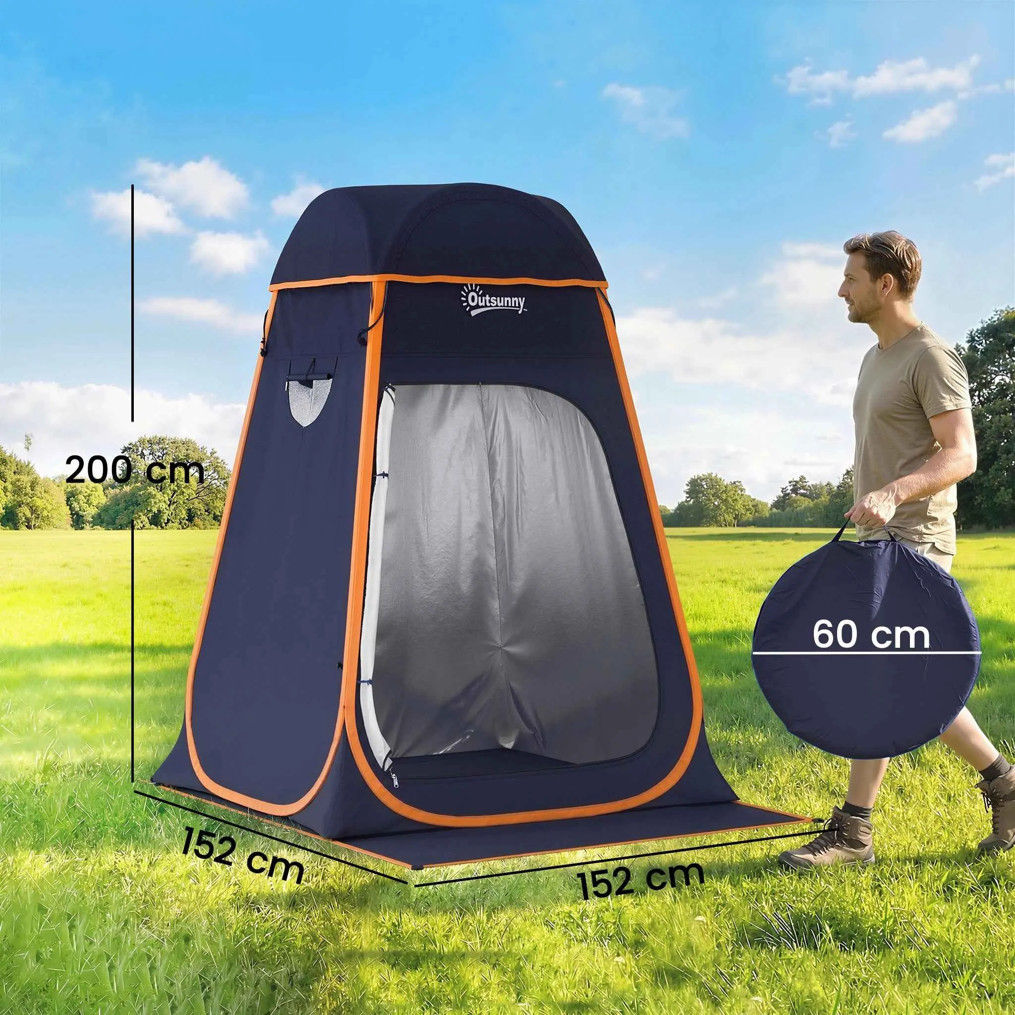 Outsunny Waterproof Pop-Up Shower Tent with Removable Roof, 190T Polyester and Steel, 152x152x200 cm, Dark Blue - Image 3