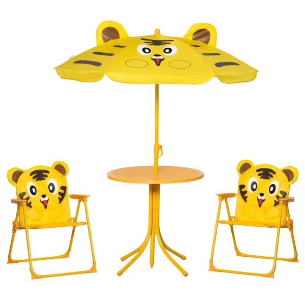 Outsunny 4-Piece Kids Outdoor Set with 2 Chairs, Umbrella, and Round Table, Steel and Yellow Oxford Fabric