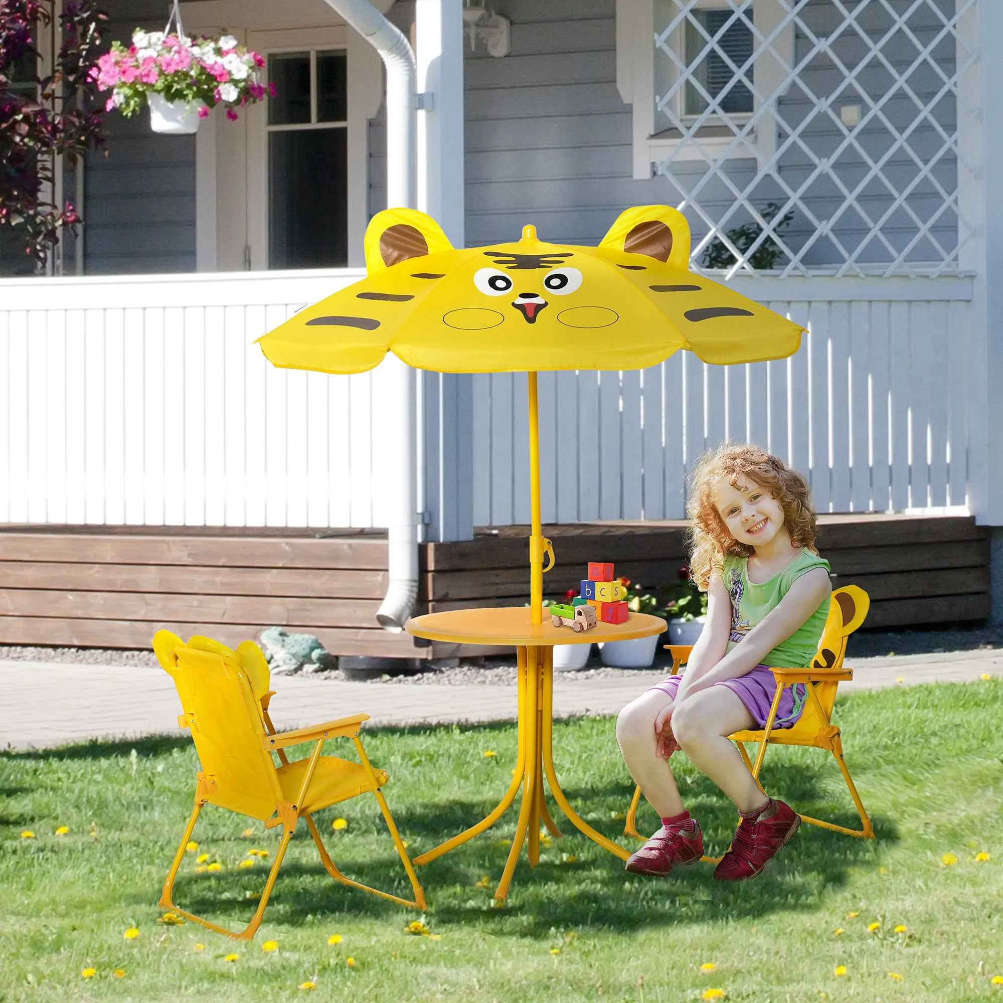 Outsunny 4-Piece Kids Outdoor Set with 2 Chairs, Umbrella, and Round Table, Steel and Yellow Oxford Fabric - Image 2