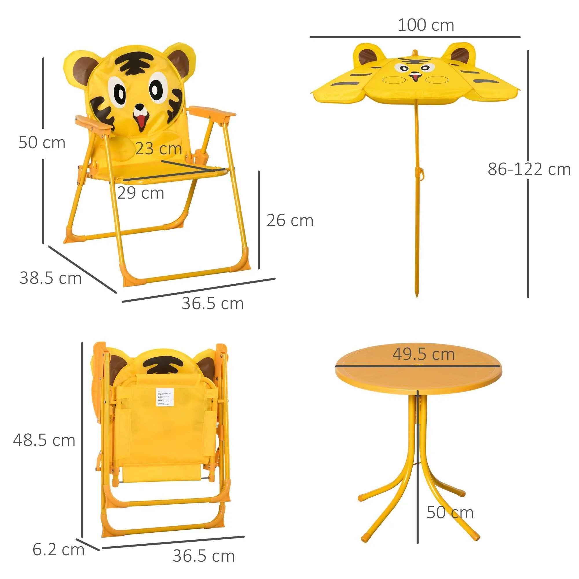 Outsunny 4-Piece Kids Outdoor Set with 2 Chairs, Umbrella, and Round Table, Steel and Yellow Oxford Fabric - Image 3