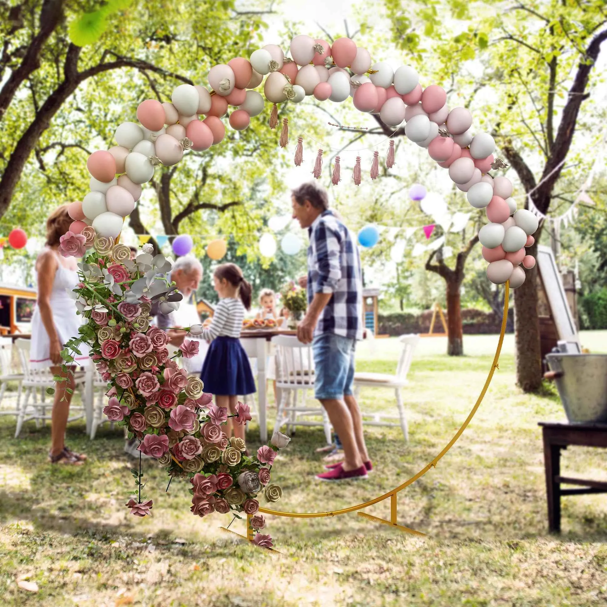 Outsunny Steel Garden Arch, Round Wedding Arch for Balloons and Climbing Plants for Ceremonies, Birthdays and Events, 222x60x224 cm, Gold - Image 2