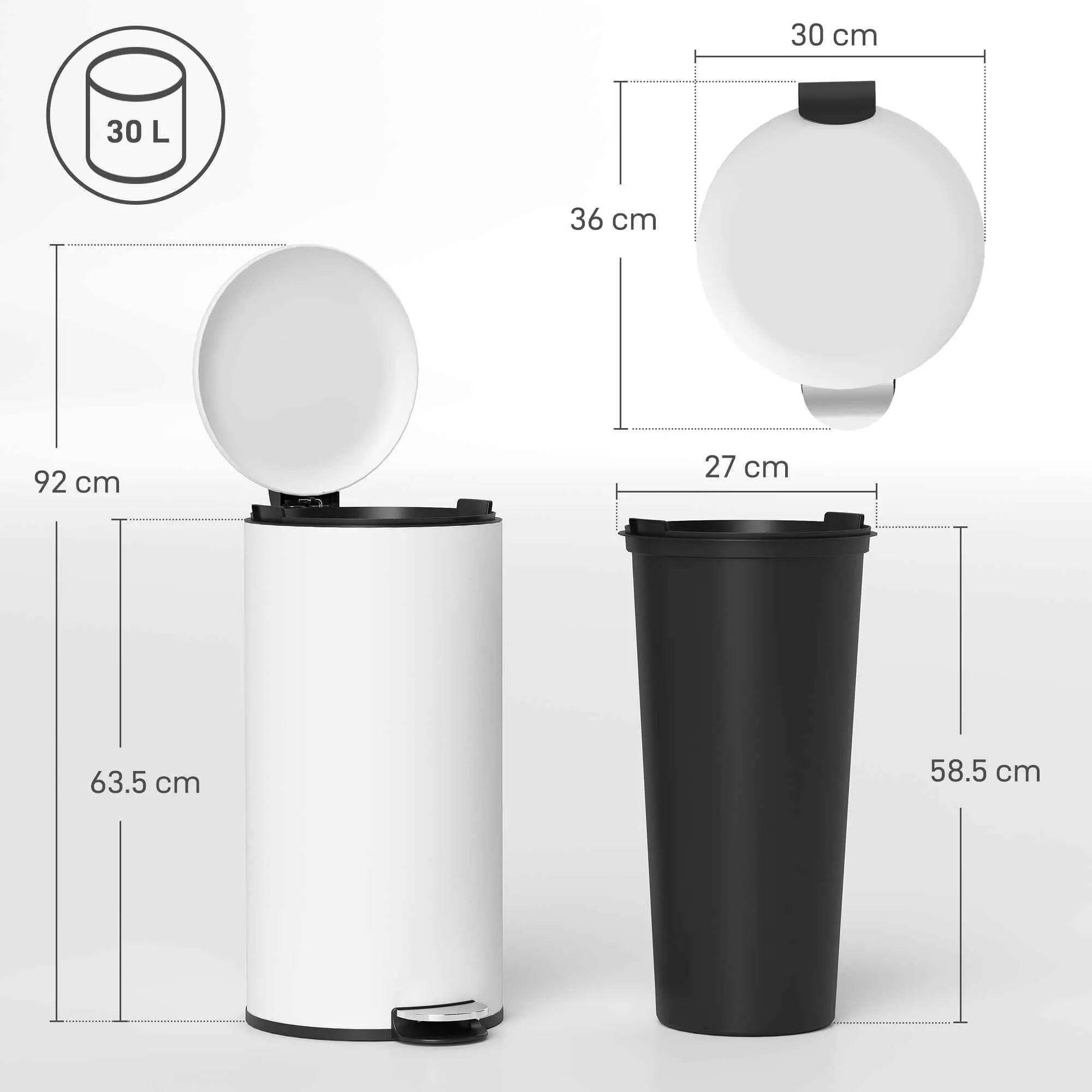 HOMCOM 30L Pedal Bin with Soft-Close Lid, Metal and PP, 36x30x63.5 cm, Cream White - Image 3
