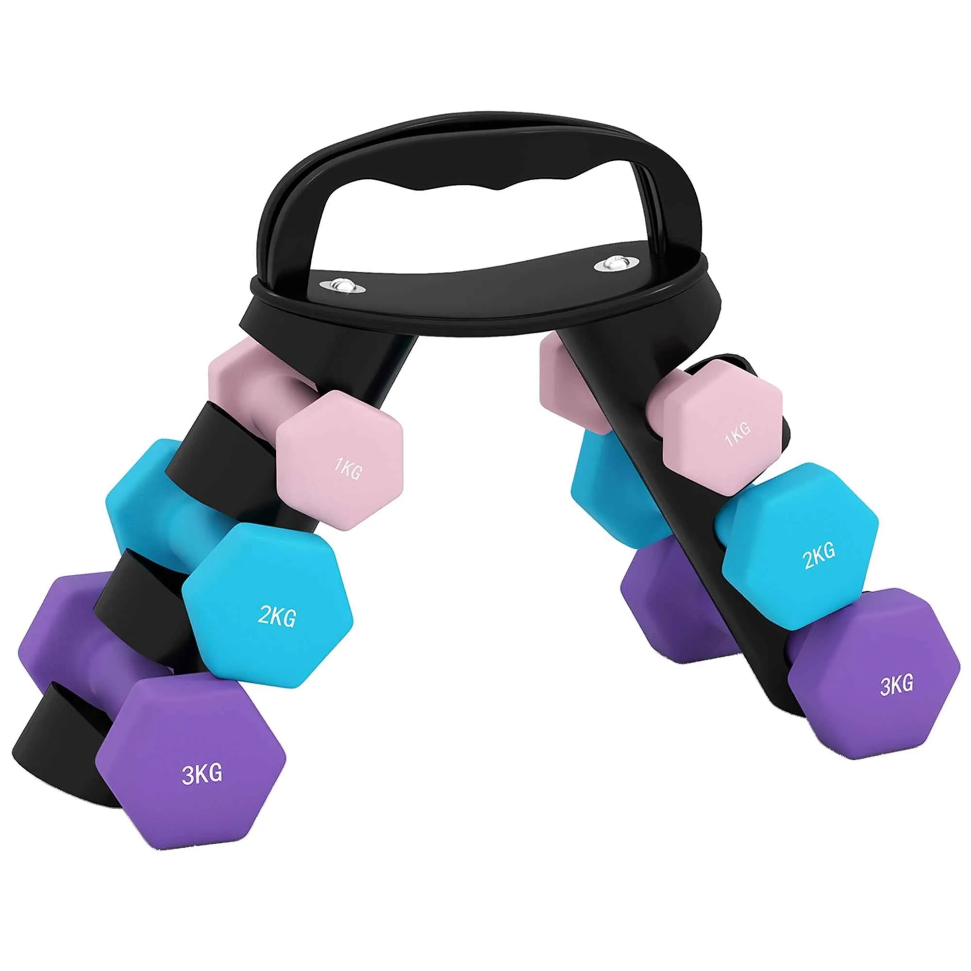 SPORTNOW Set of 6 Dumbbell Weights (2x1 kg, 2x2 kg, 2x3 kg) of 12 kg with Stand/Kettlebell, in Metal and PP Pink, Blue and Purple