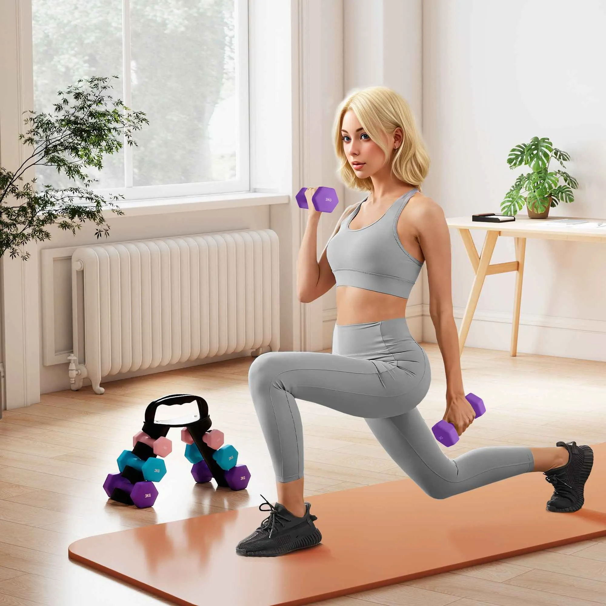 SPORTNOW Set of 6 Dumbbell Weights (2x1 kg, 2x2 kg, 2x3 kg) of 12 kg with Stand/Kettlebell, in Metal and PP Pink, Blue and Purple - Image 2