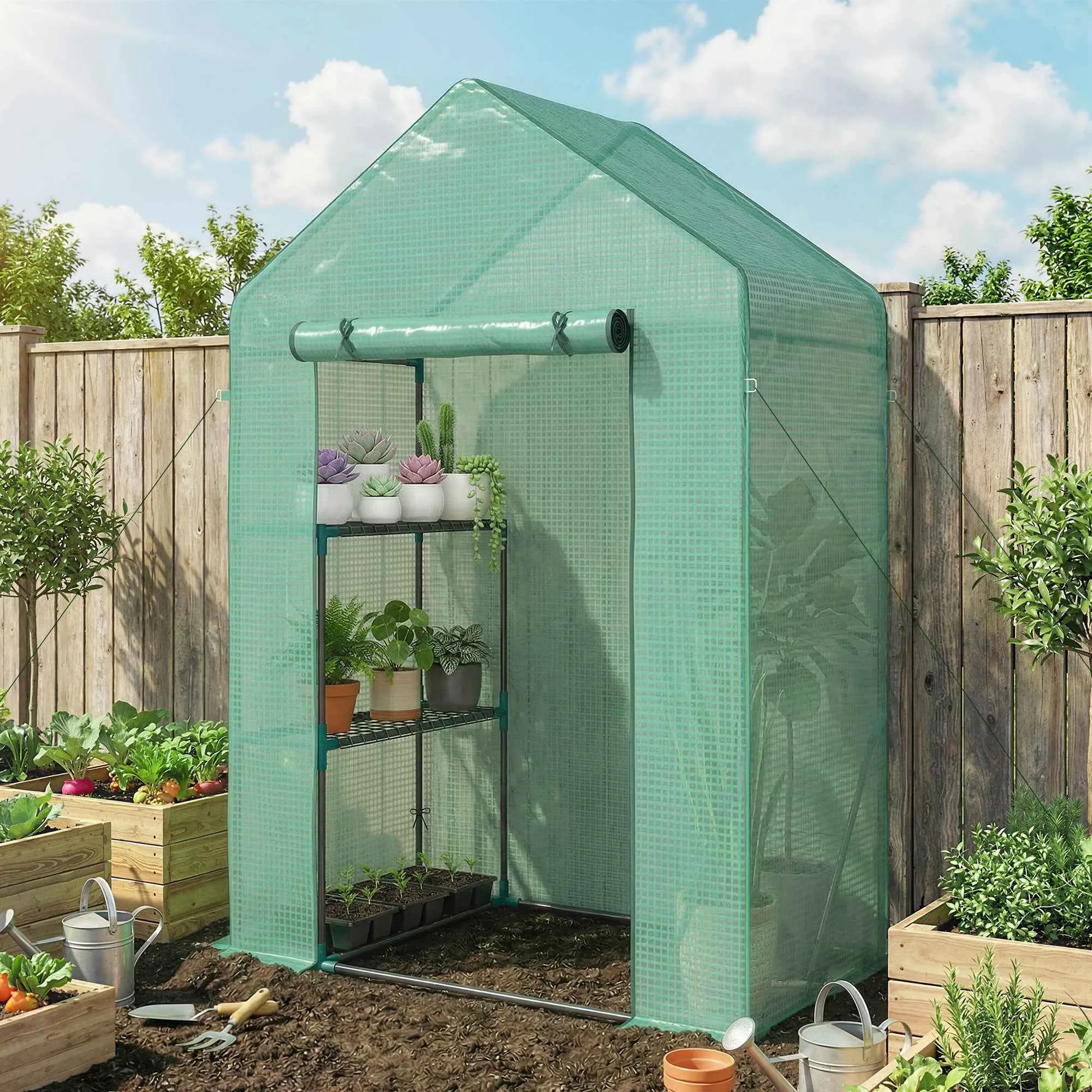 Outsunny Garden Greenhouse 143 x 73 x 195 cm with 2-Tier Shelf, Green - Image 2