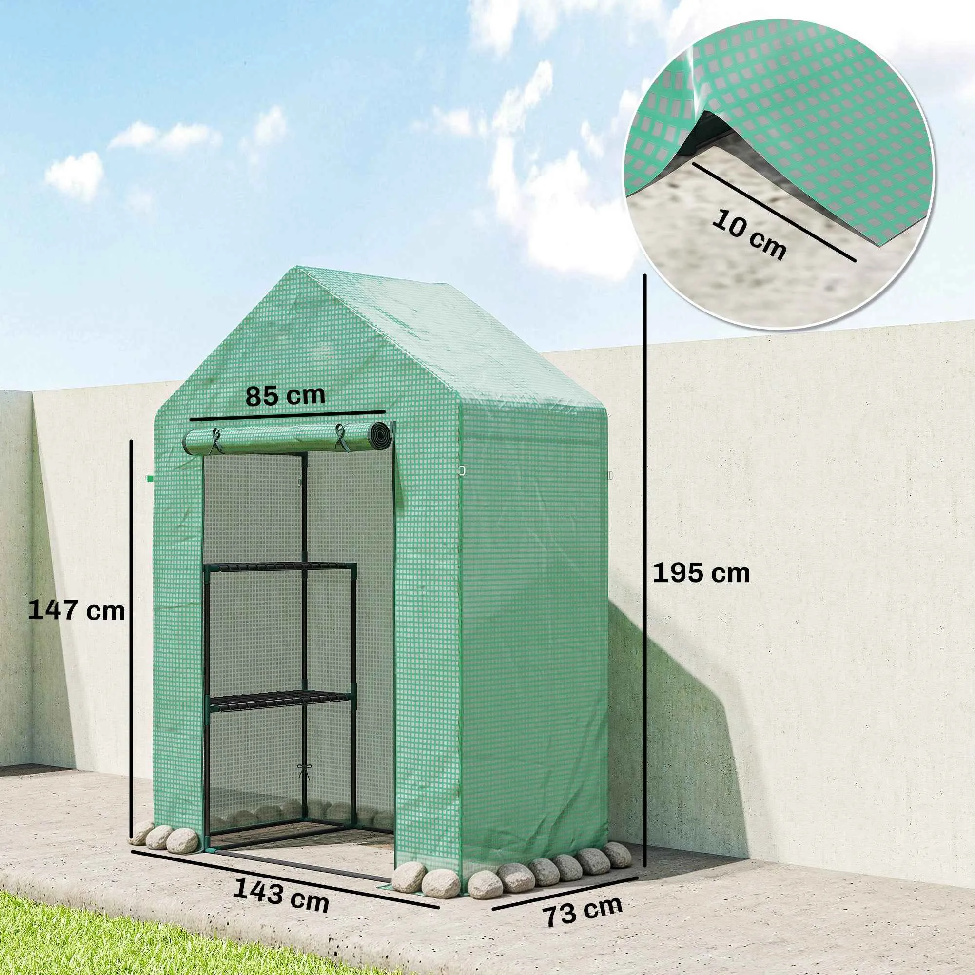 Outsunny Garden Greenhouse 143 x 73 x 195 cm with 2-Tier Shelf, Green - Image 3