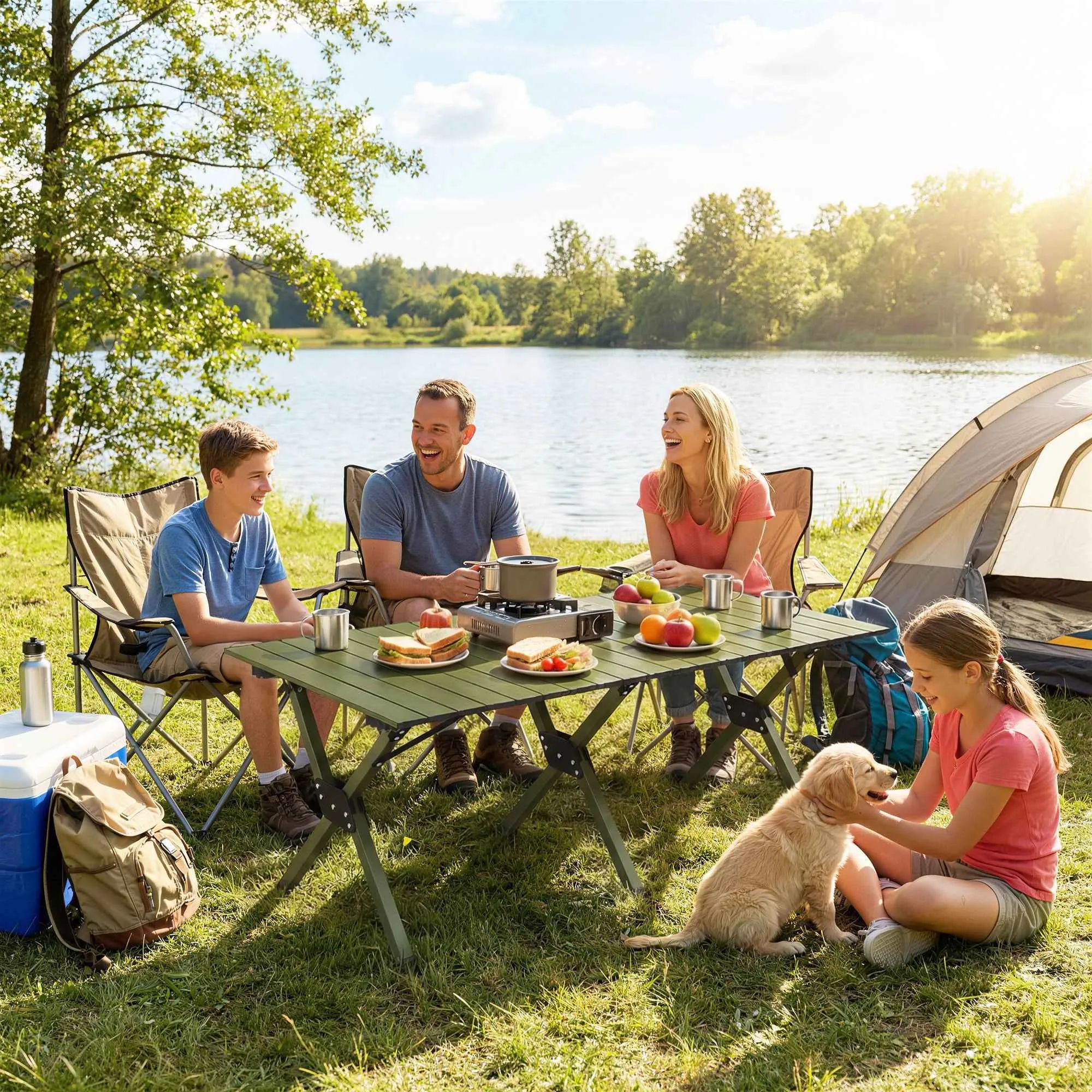 Outsunny 116cm Folding Camping Table, Waterproof Picnic Table with Roll-Up Top and Metal Frame, Portable for Garden, Park, BBQ, Green - Image 2