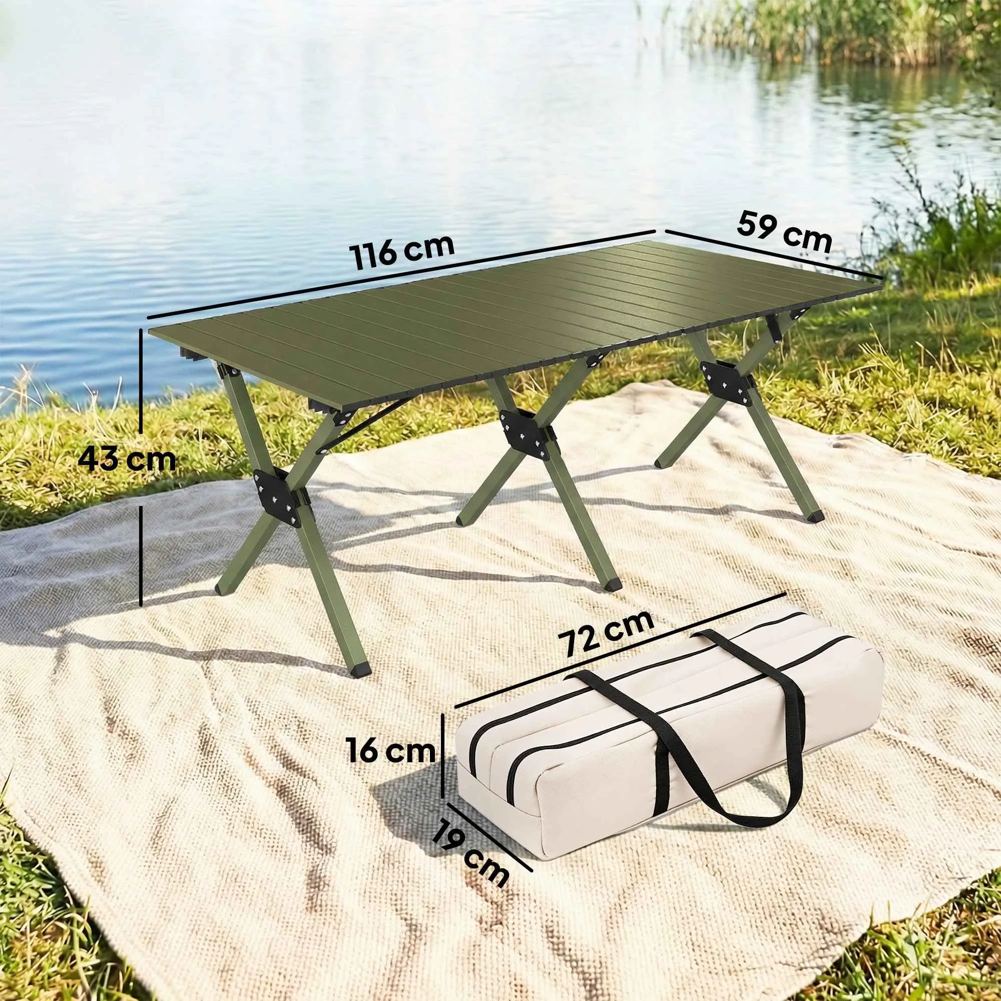 Outsunny 116cm Folding Camping Table, Waterproof Picnic Table with Roll-Up Top and Metal Frame, Portable for Garden, Park, BBQ, Green - Image 3
