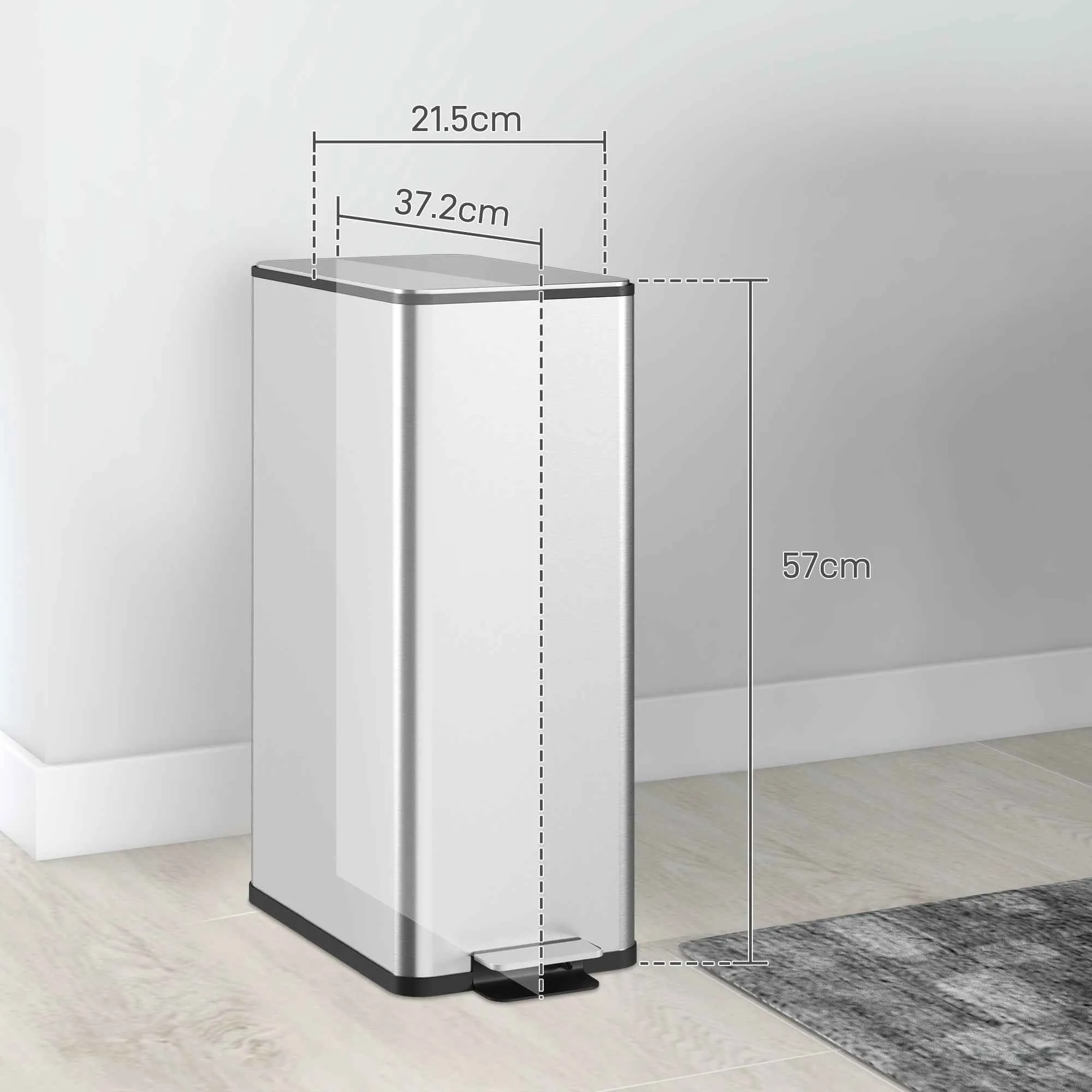 HOMCOM 20L Dustbin with Soft Closure and Removable Bucket, Steel and PP, 21.5x37.2x57 cm, Silver - Image 3