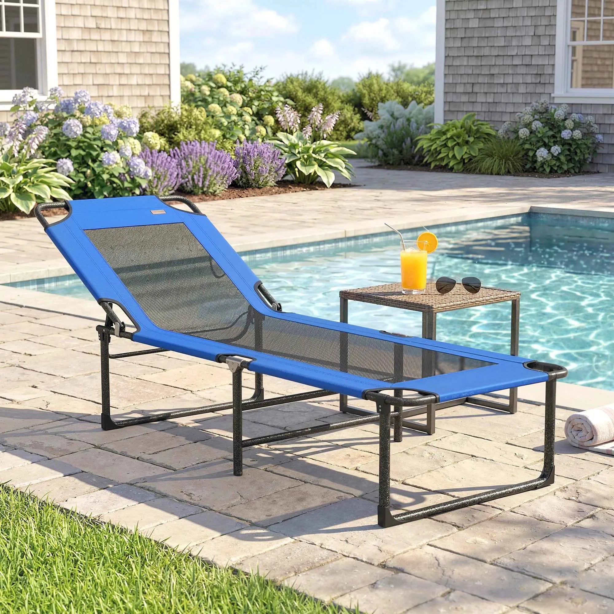 Outsunny Folding Deck Chair, 4-Position Adjustable Backrest, Carrying Handle, Blue Color. - Image 2