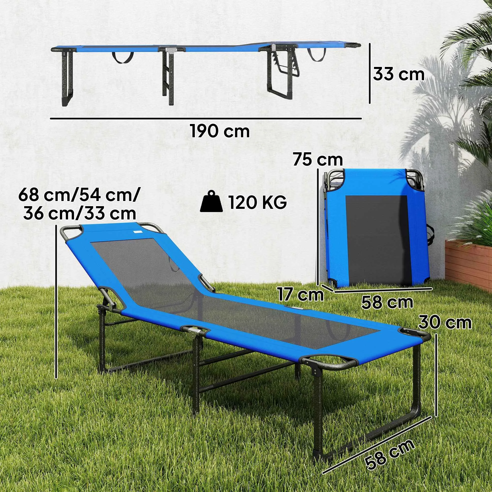 Outsunny Folding Deck Chair, 4-Position Adjustable Backrest, Carrying Handle, Blue Color. - Image 3