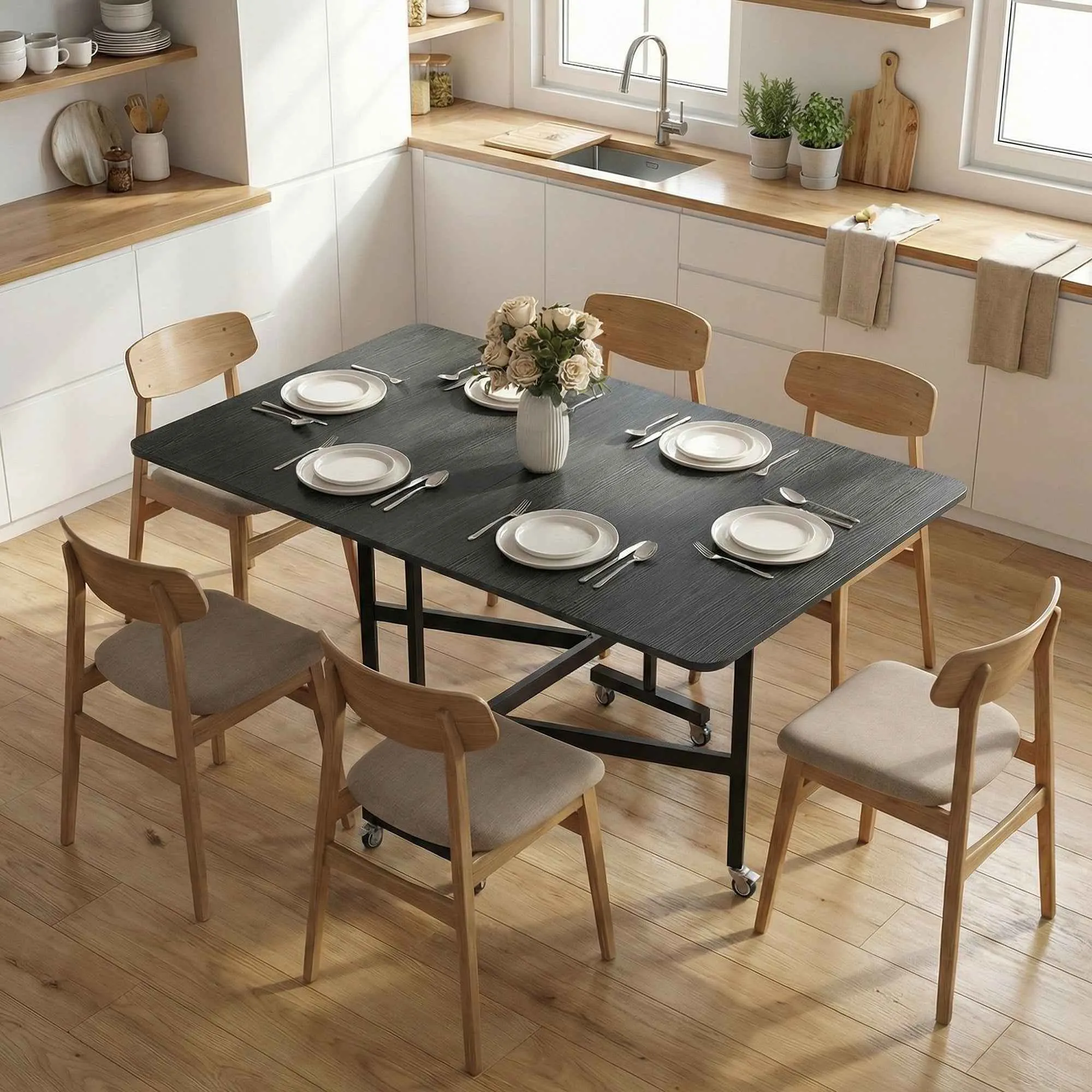 HOMCOM Folding Table for 4-6 People with 2 Flaps and Wheels with Brakes, 120x80x73 cm, Black Wood Effect - Image 2