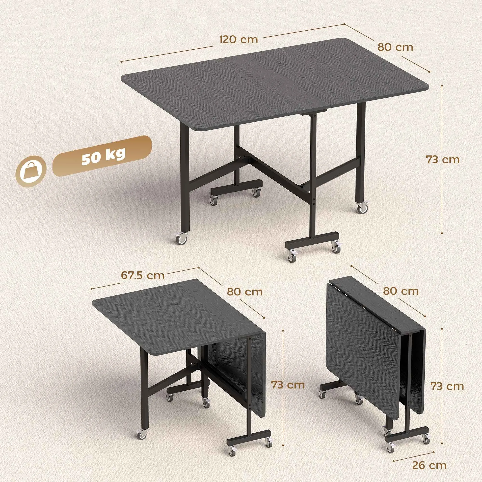 HOMCOM Folding Table for 4-6 People with 2 Flaps and Wheels with Brakes, 120x80x73 cm, Black Wood Effect - Image 3
