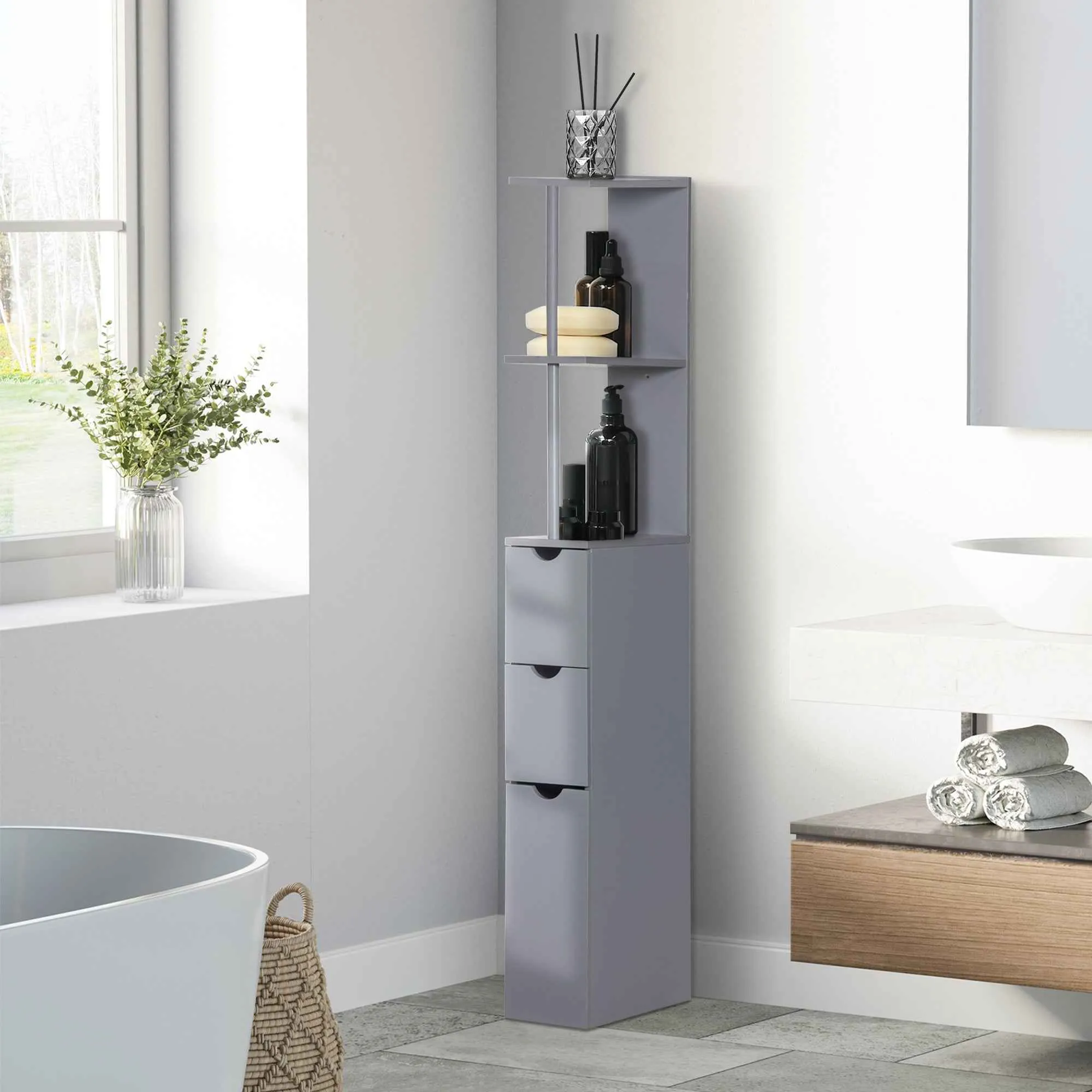 HOMCOM Bathroom Cabinet with Open Shelves and Drawers, Wooden, 15x33x136.8 cm, Grey - Image 2