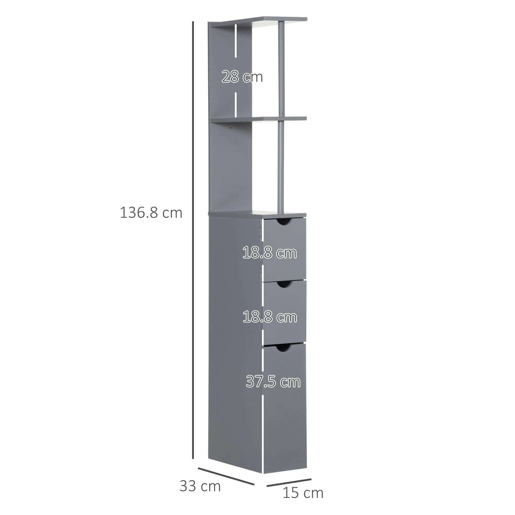 HOMCOM Bathroom Cabinet with Open Shelves and Drawers, Wooden, 15x33x136.8 cm, Grey - Image 3