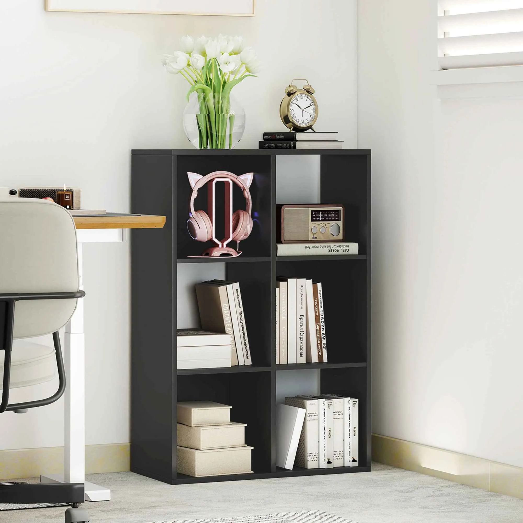 HOMCOM Cube Bookcase with 6 Storage Shelves, Wooden, 61.5 x 29.5 x 91.5 cm, Black - Image 2