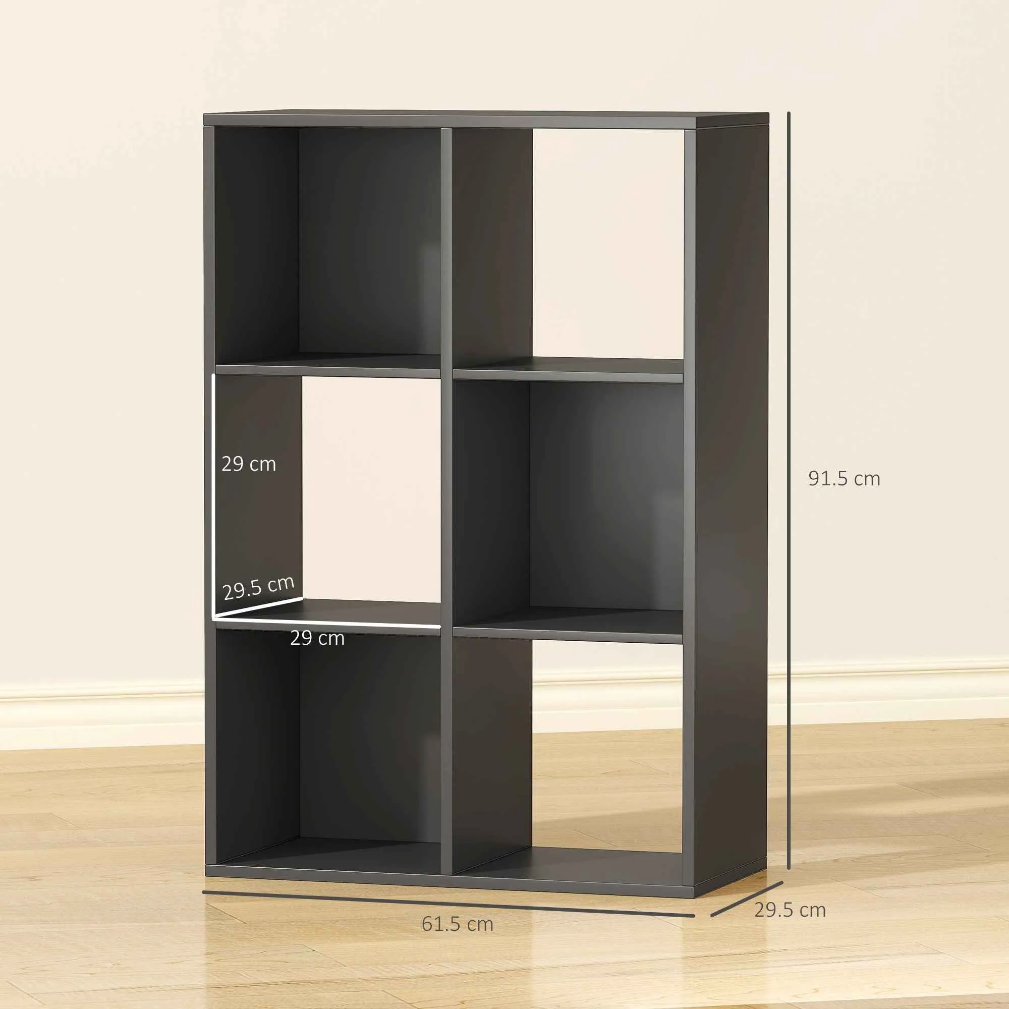 HOMCOM Cube Bookcase with 6 Storage Shelves, Wooden, 61.5 x 29.5 x 91.5 cm, Black - Image 3