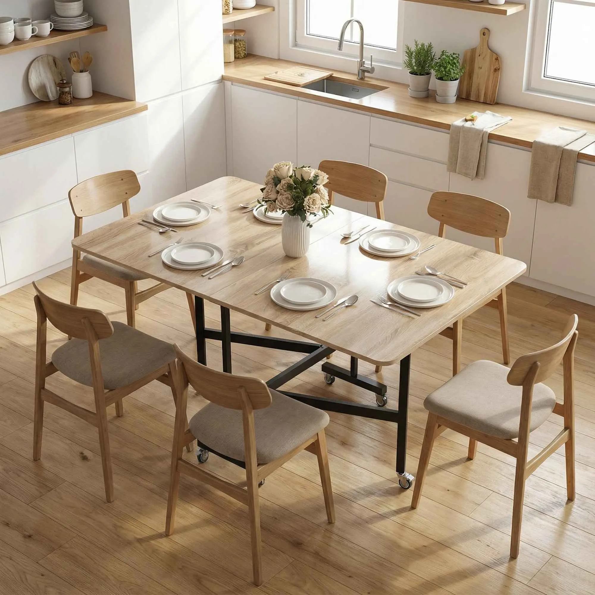 HOMCOM Folding Table for 4-6 People with 2 Drop-Leafs and Wheels with Brakes, 120x80x73 cm, Oak - Image 2