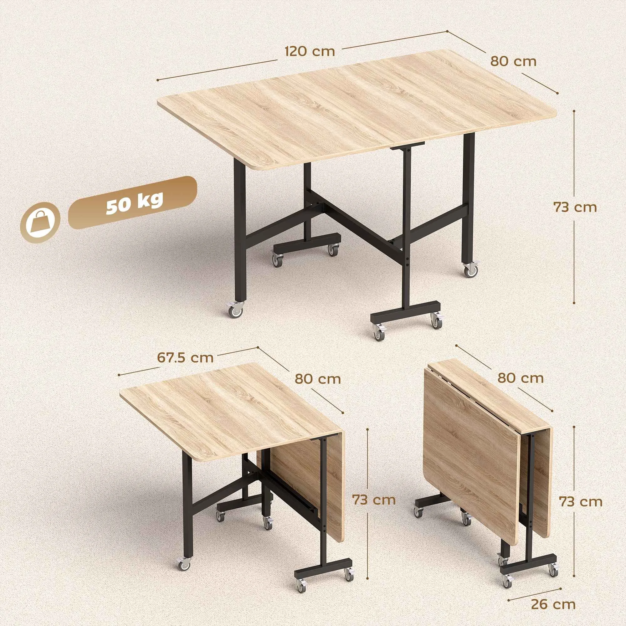 HOMCOM Folding Table for 4-6 People with 2 Drop-Leafs and Wheels with Brakes, 120x80x73 cm, Oak - Image 3