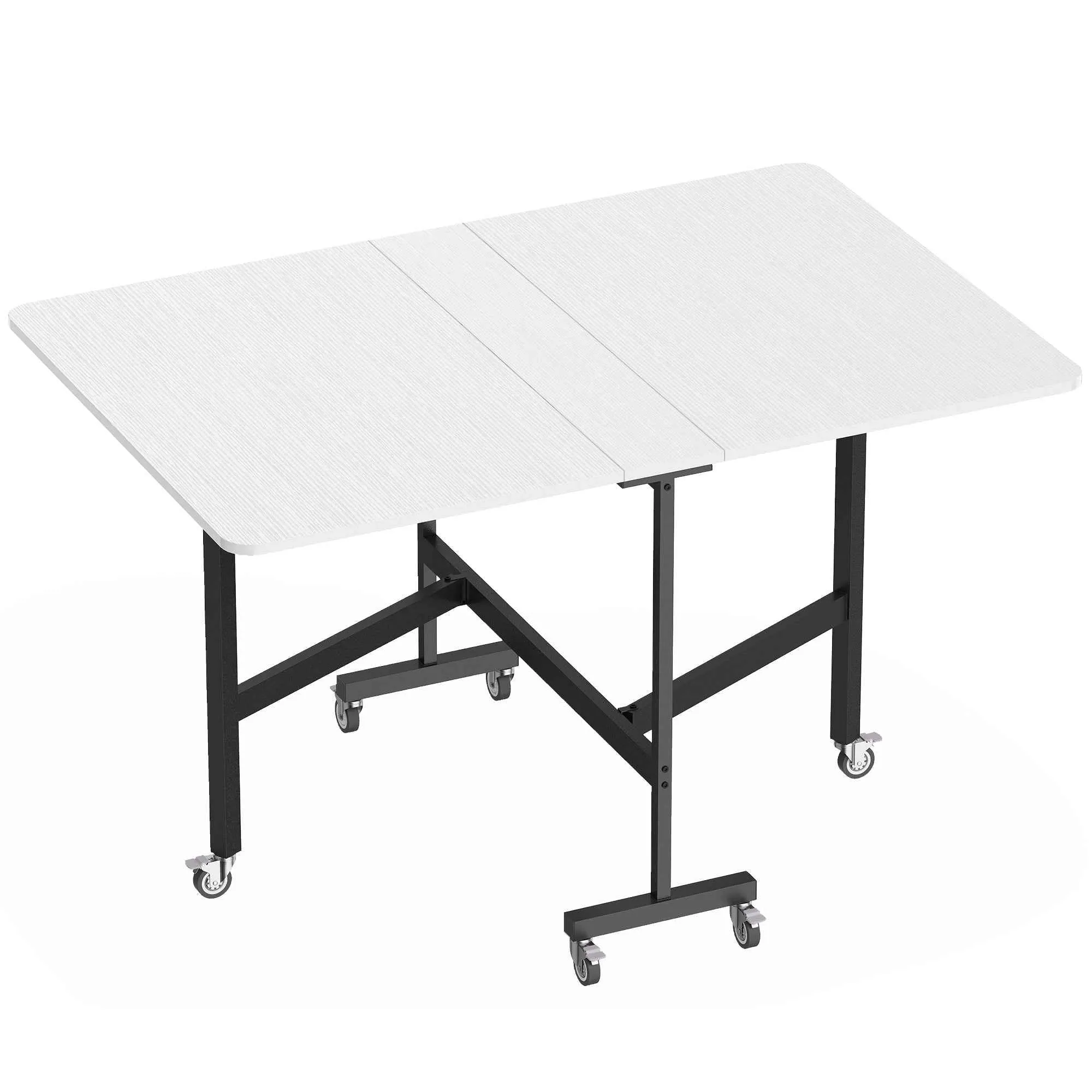 HOMCOM Folding Table for 4-6 People with 2 Flaps and Wheels with Brakes, 120x80x73 cm, White Wood