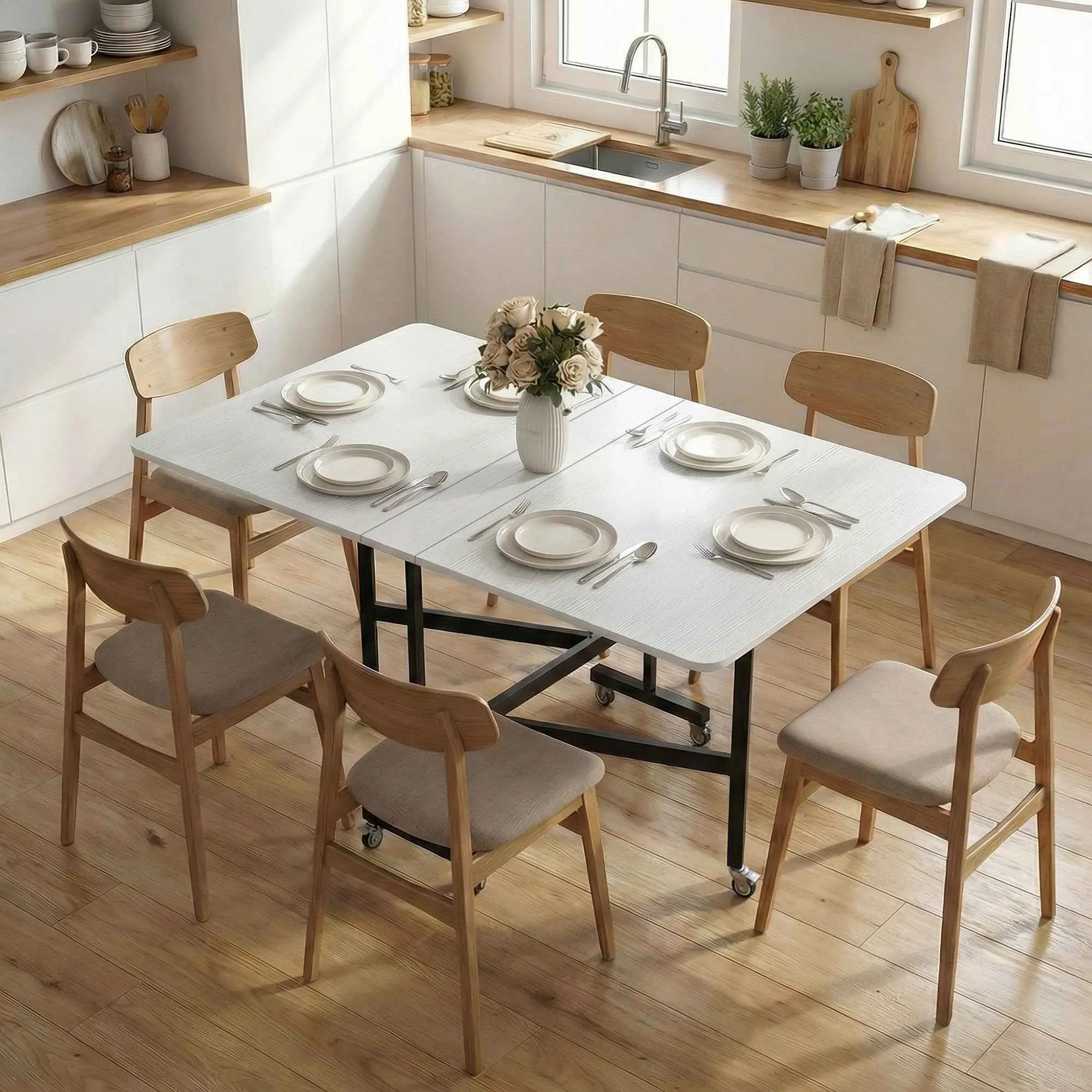 HOMCOM Folding Table for 4-6 People with 2 Flaps and Wheels with Brakes, 120x80x73 cm, White Wood - Image 2