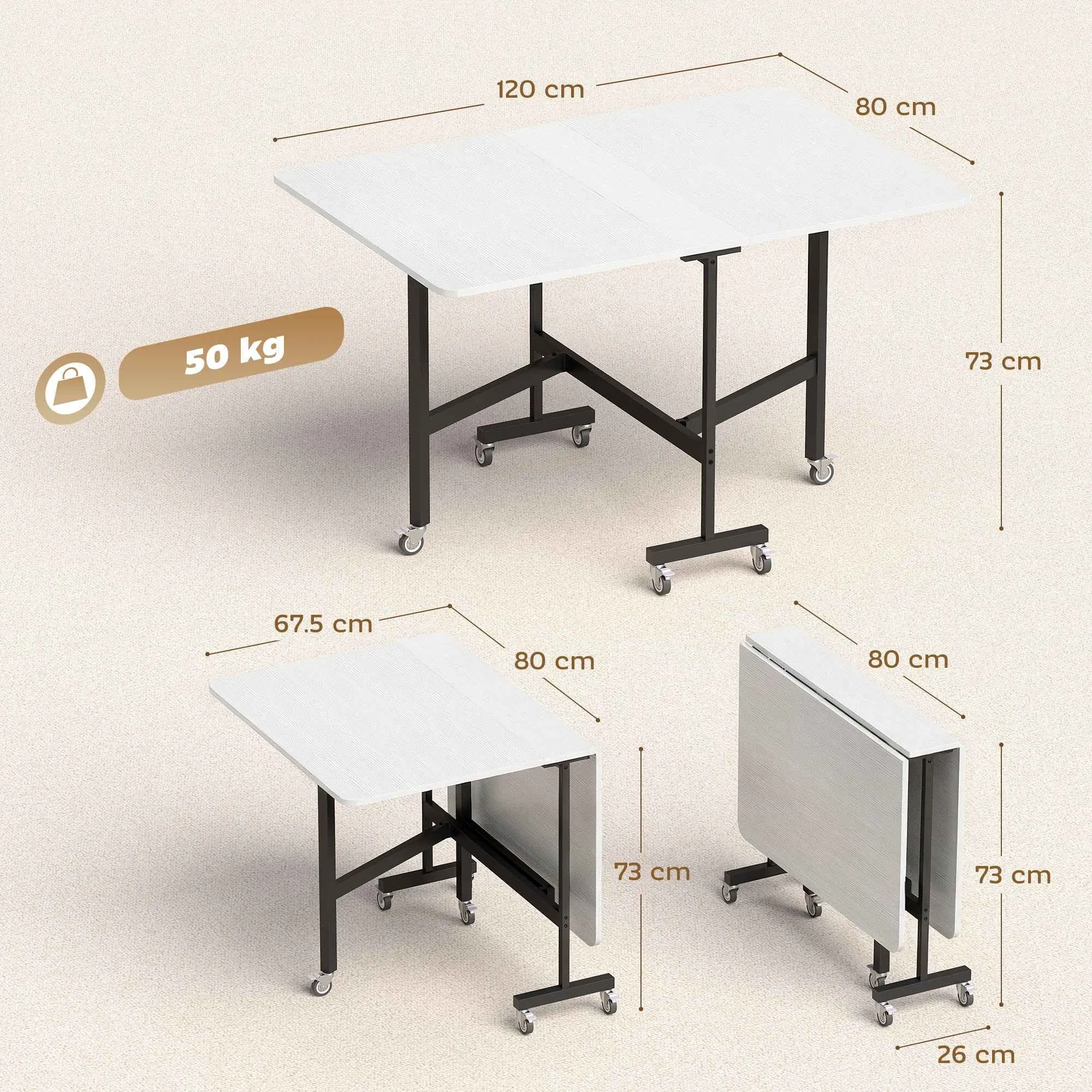 HOMCOM Folding Table for 4-6 People with 2 Flaps and Wheels with Brakes, 120x80x73 cm, White Wood - Image 3