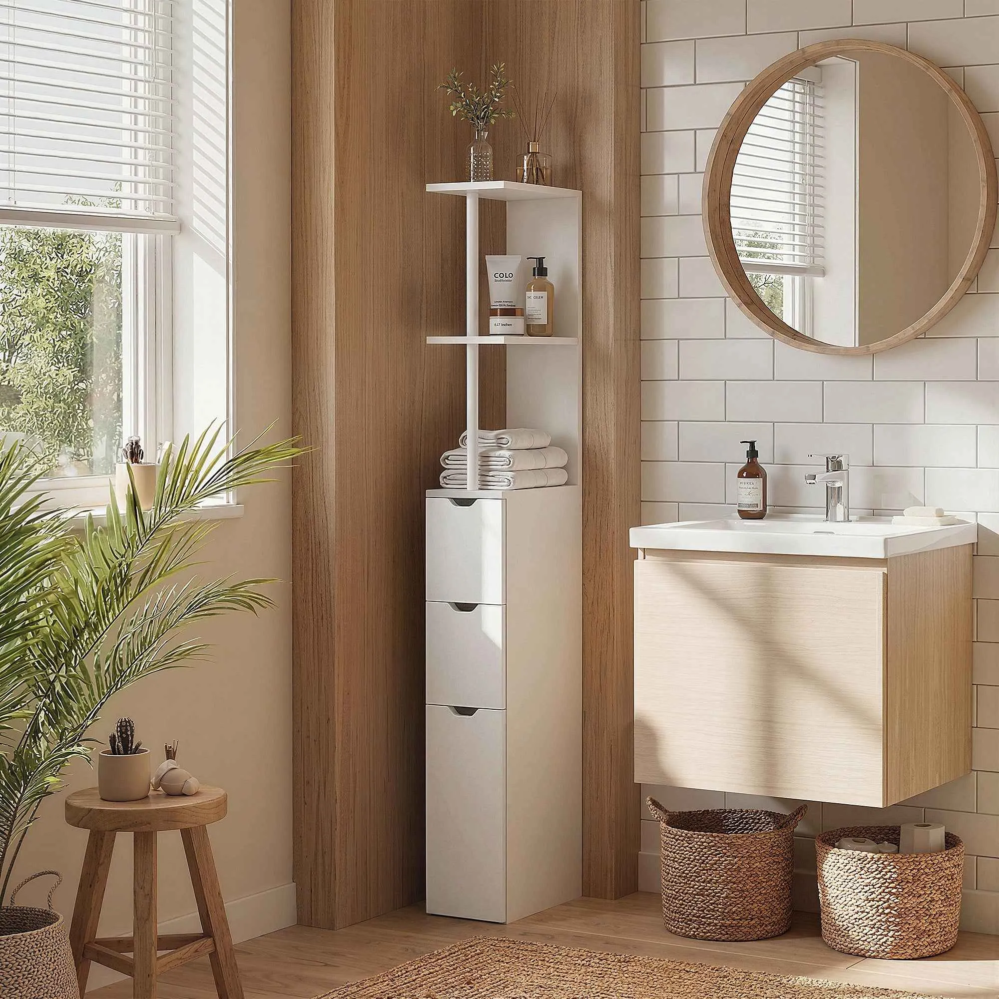 HOMCOM Bathroom Column Cabinet with Shelves and Drawers, Wooden, 15x33x136.8 cm, White - Image 2