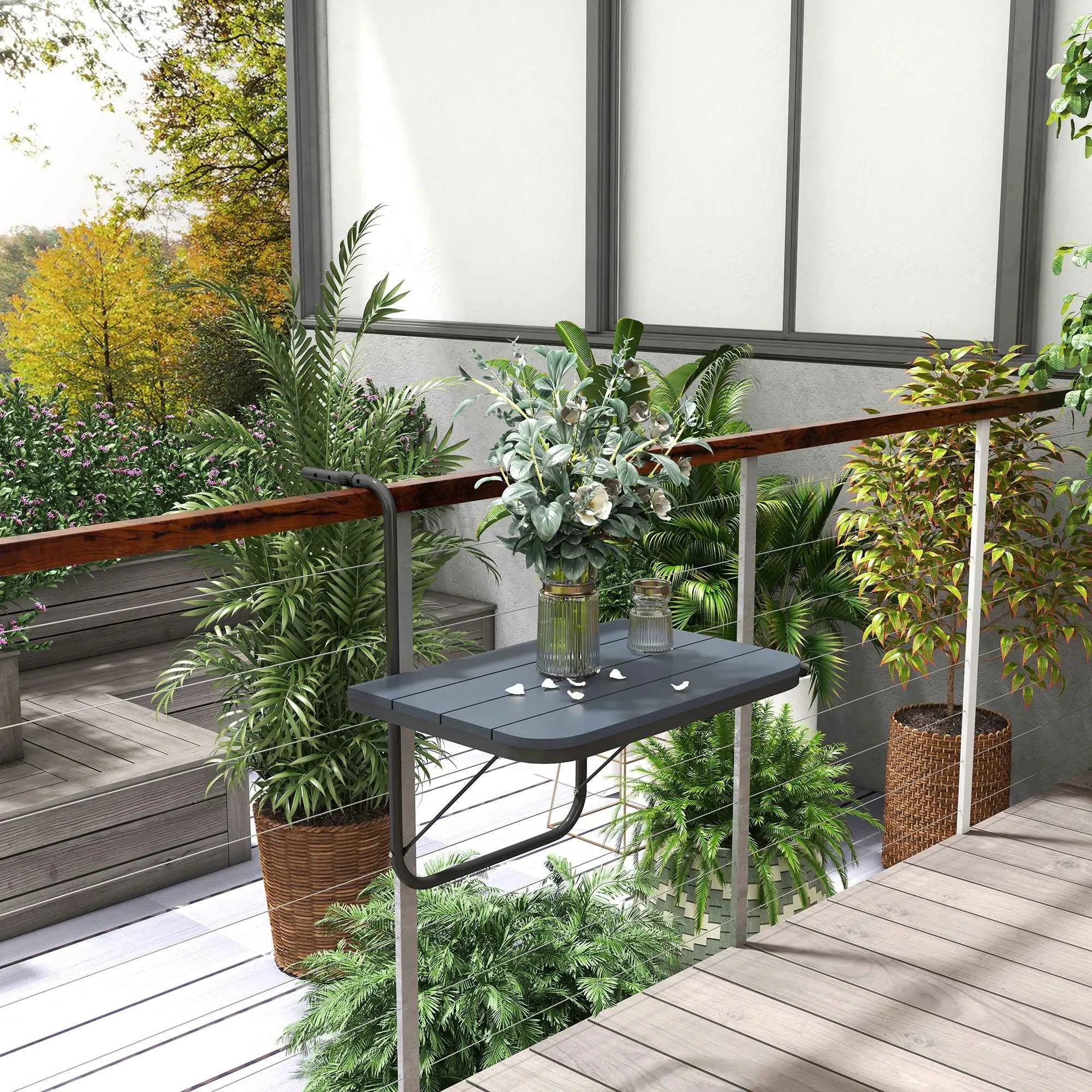 Outsunny Folding and Adjustable Balcony Table, Made of Aluminum and Composite Wood, 60x40x55-64 cm, Black - Image 2