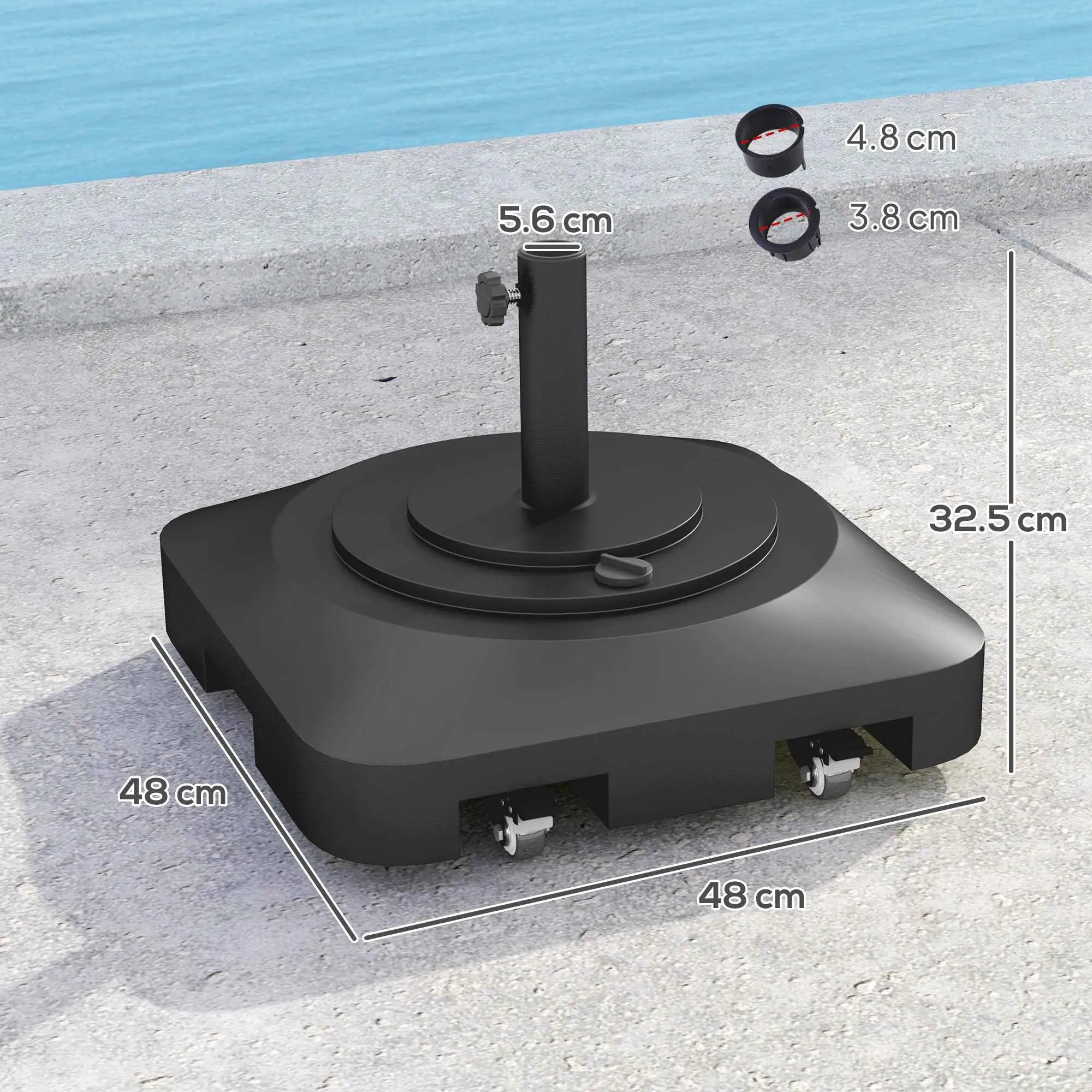 Outsunny Umbrella Base with Wheels and Fillable with Water or Sand, in HDPE, 48x48x32.5 cm, Black - Image 3